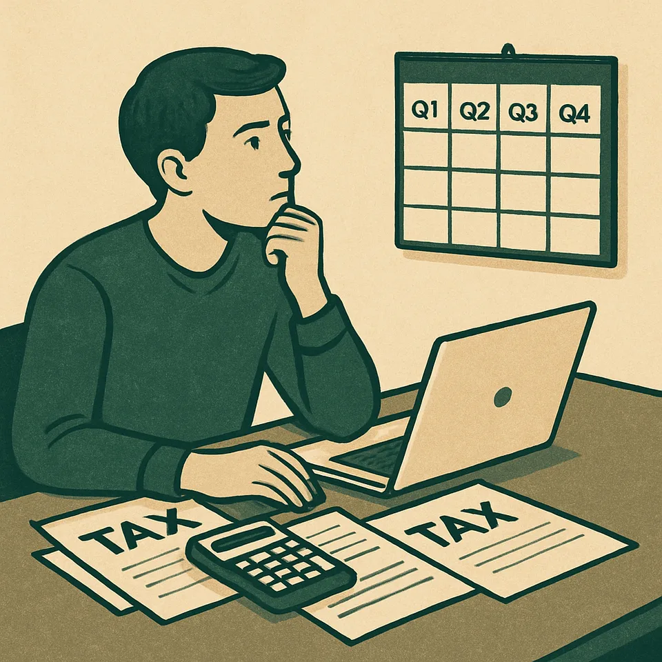 Person managing side income taxes with documents and calendar.