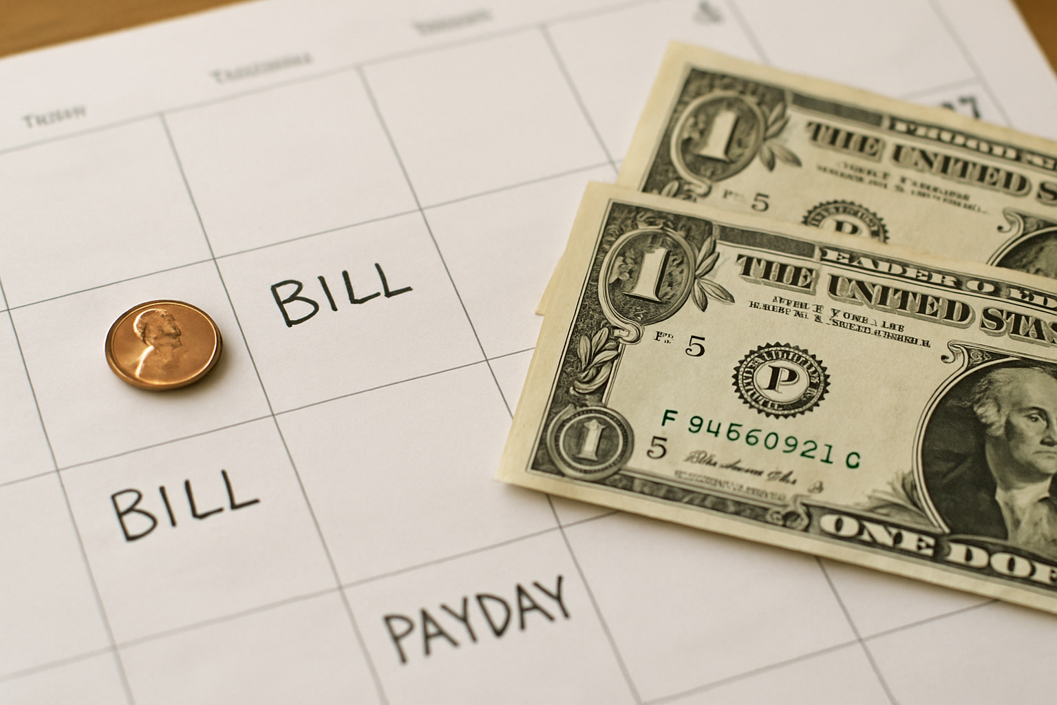 Close-up of a calendar with marked bills and pay dates