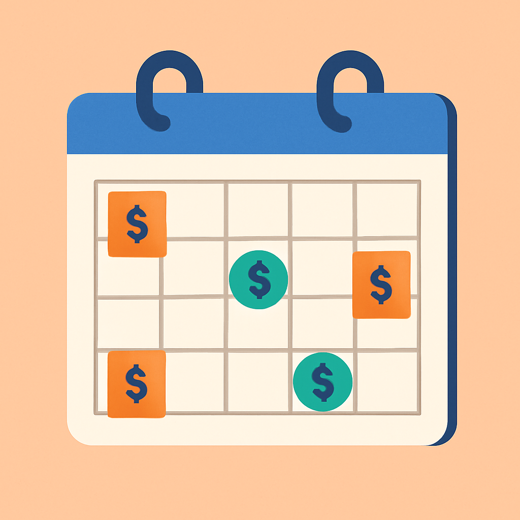 A calendar showing bills and pay dates