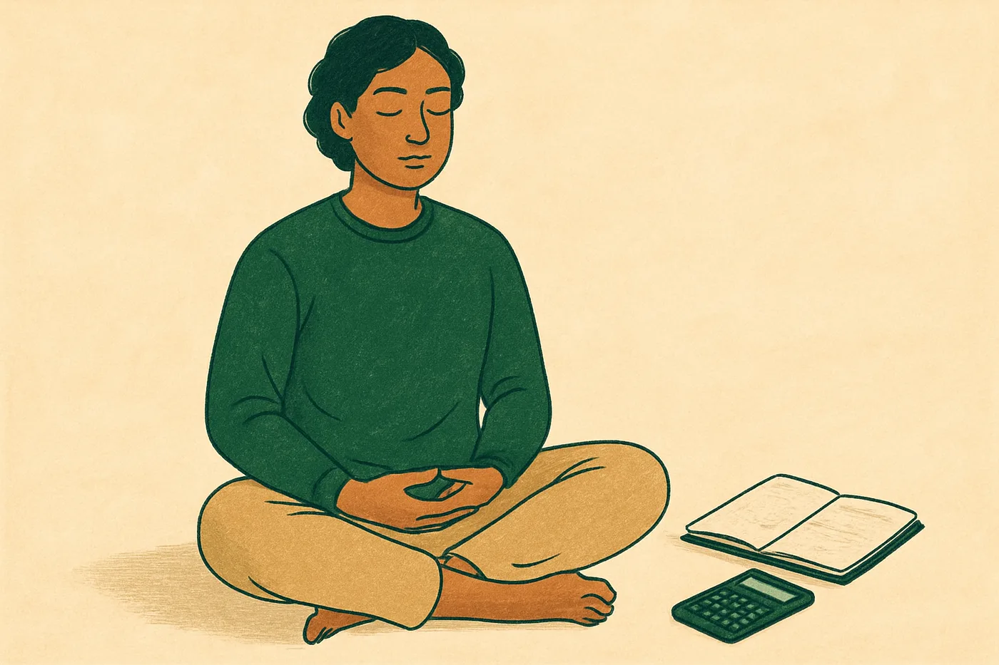 Person meditating with a notebook and calculator