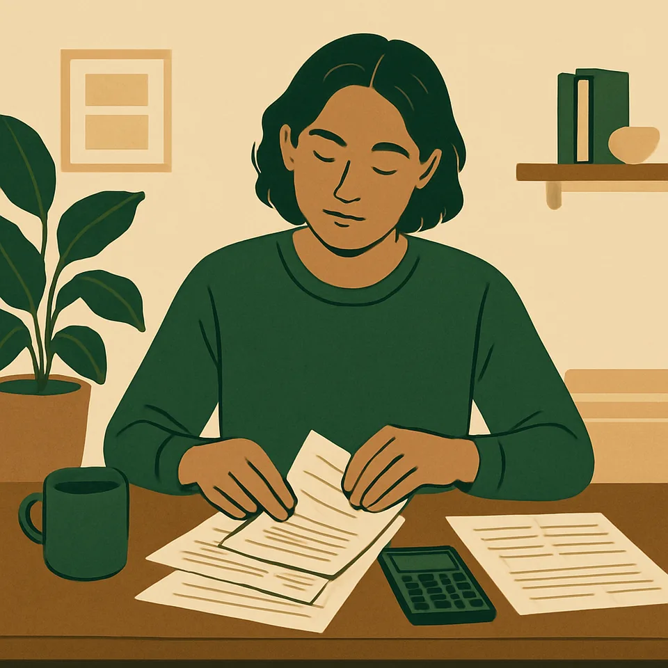 Person organizing finances calmly at a desk.