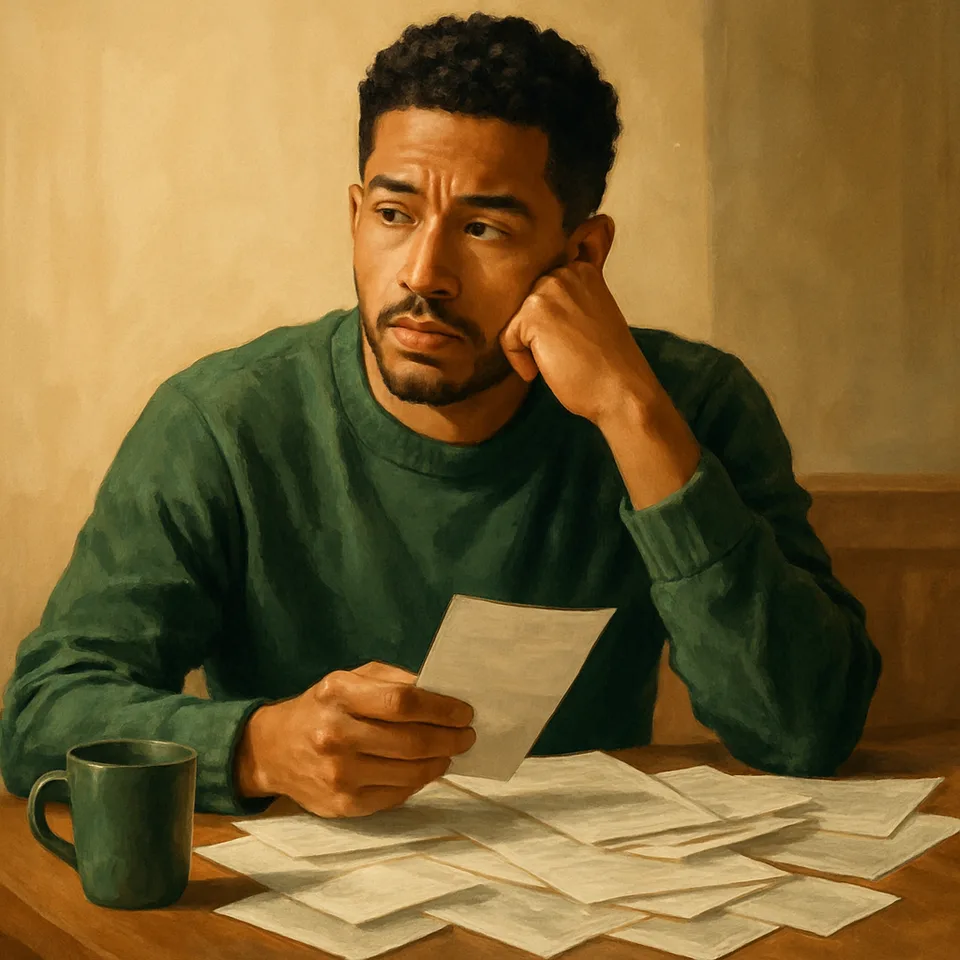 Person contemplating financial documents, illustrating money stress.