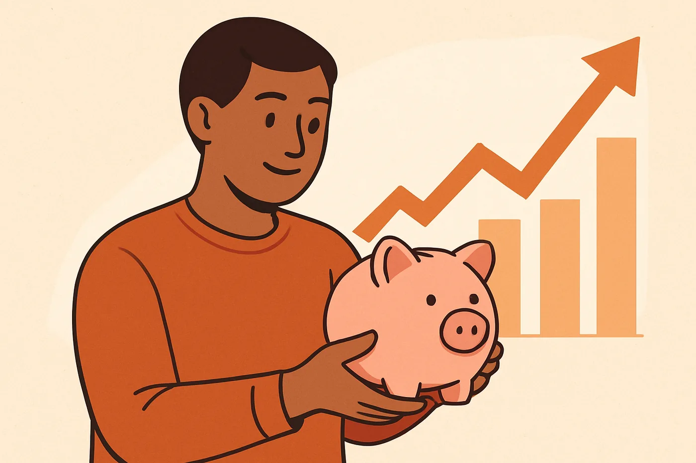 Person with piggy bank and rising graph