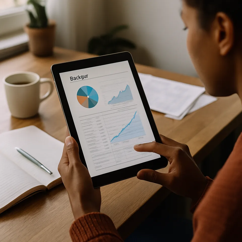 Person reviewing budget with savings graphs