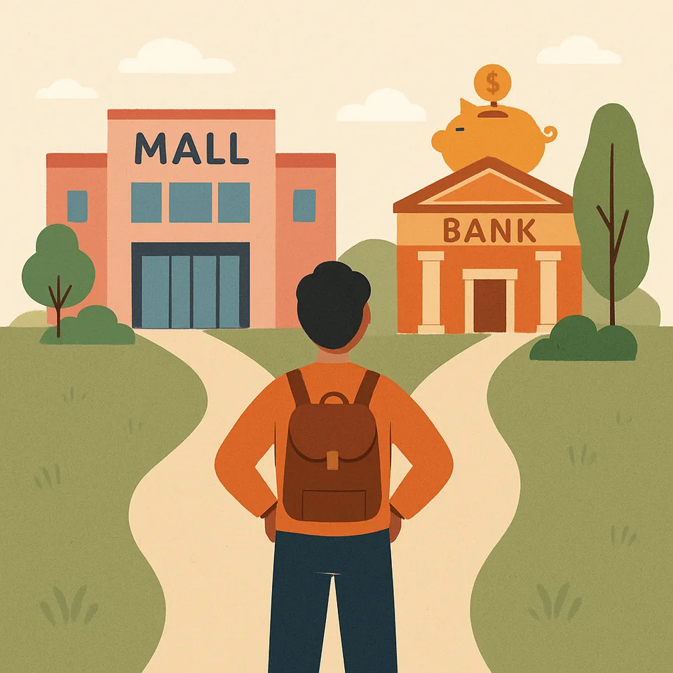 Illustration of choices between shopping or saving