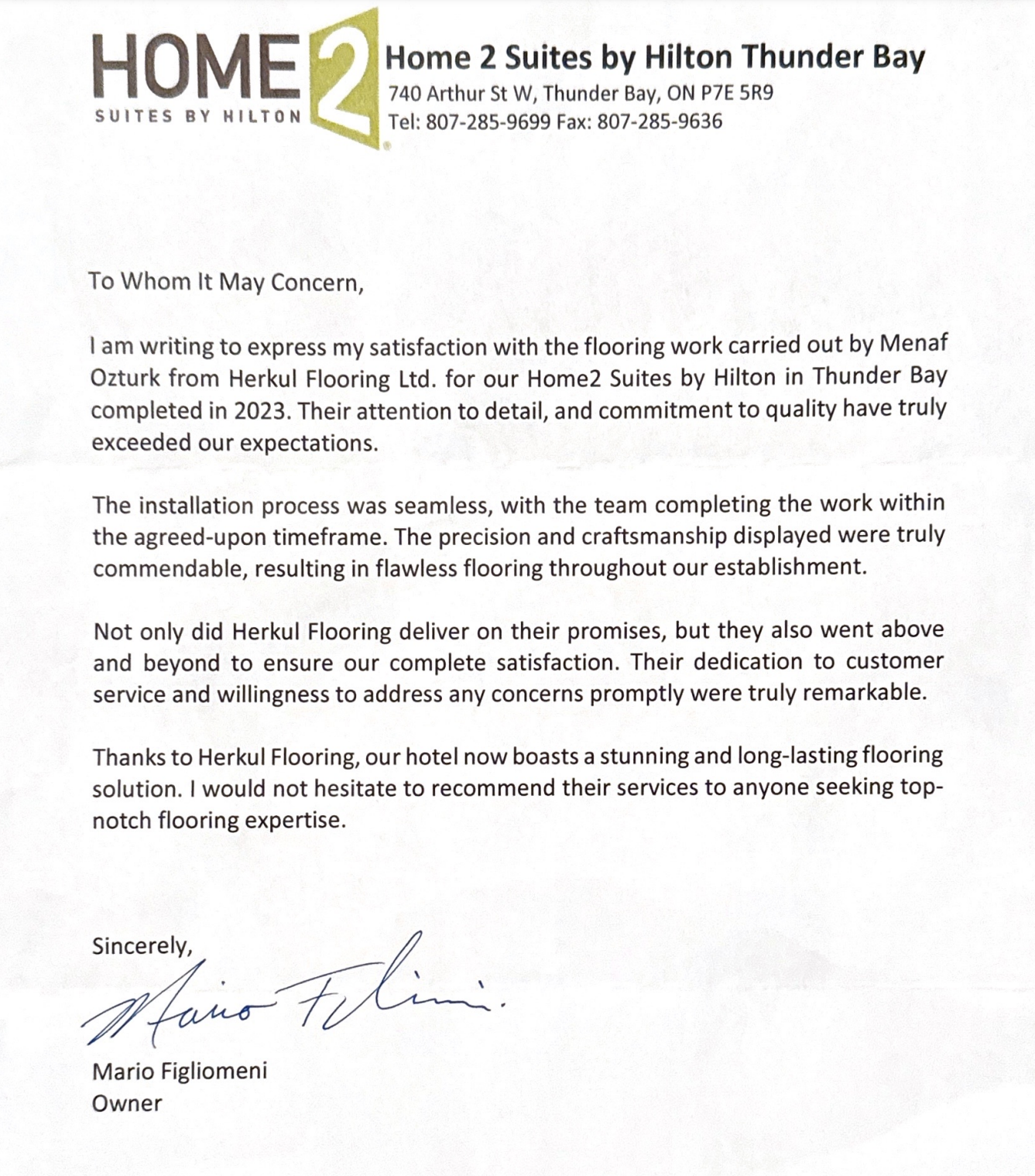 Reference letter for Herkul Flooring by Home 2 Suites By Hiltonof Thunder Bay Ontario