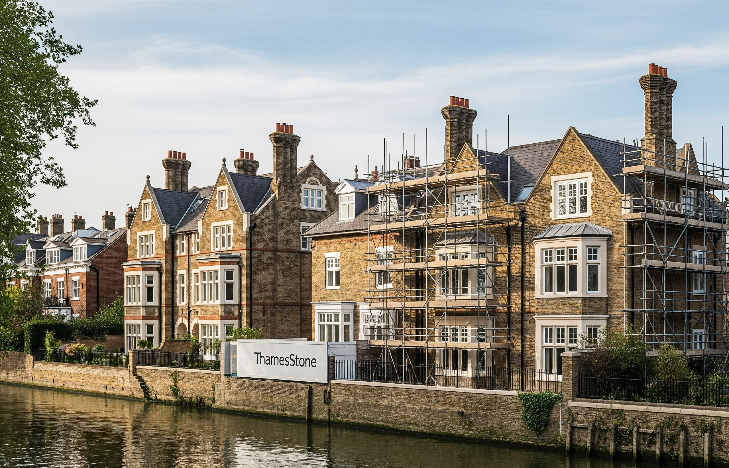 Hero image showing residential buildings by a river, one under construction with scaffolding, by ThamesStone