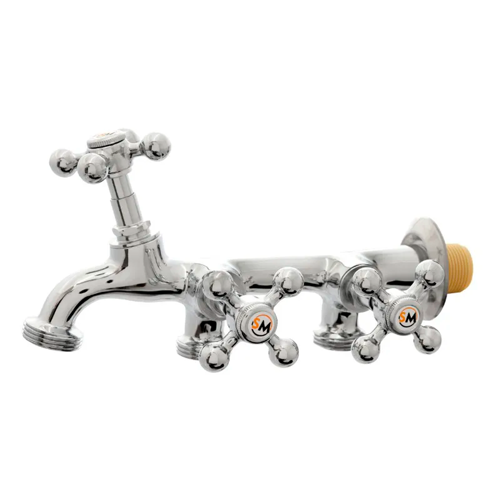 Torneira de Parede com 3 Saídas Cromado para Tanque e Máquina - Torneira de Parede com 3 Saídas Cromado para Tanque e Máquina