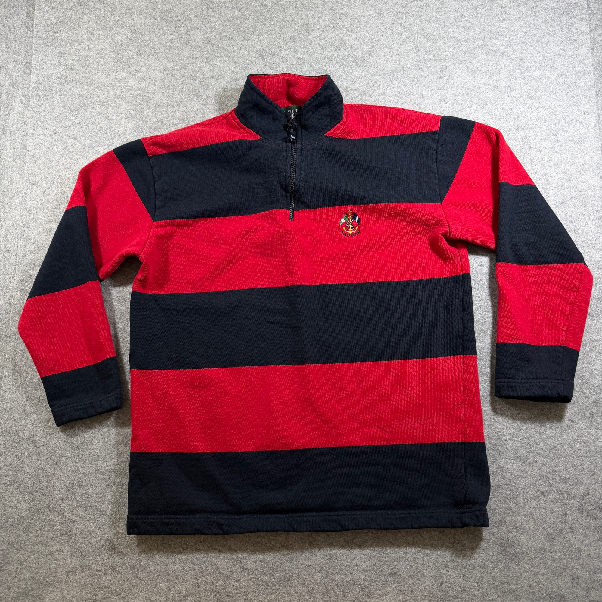 Iconic Lauren Ralph Lauren Rugby Sweater Womens S Red Navy Striped Quarter Zip