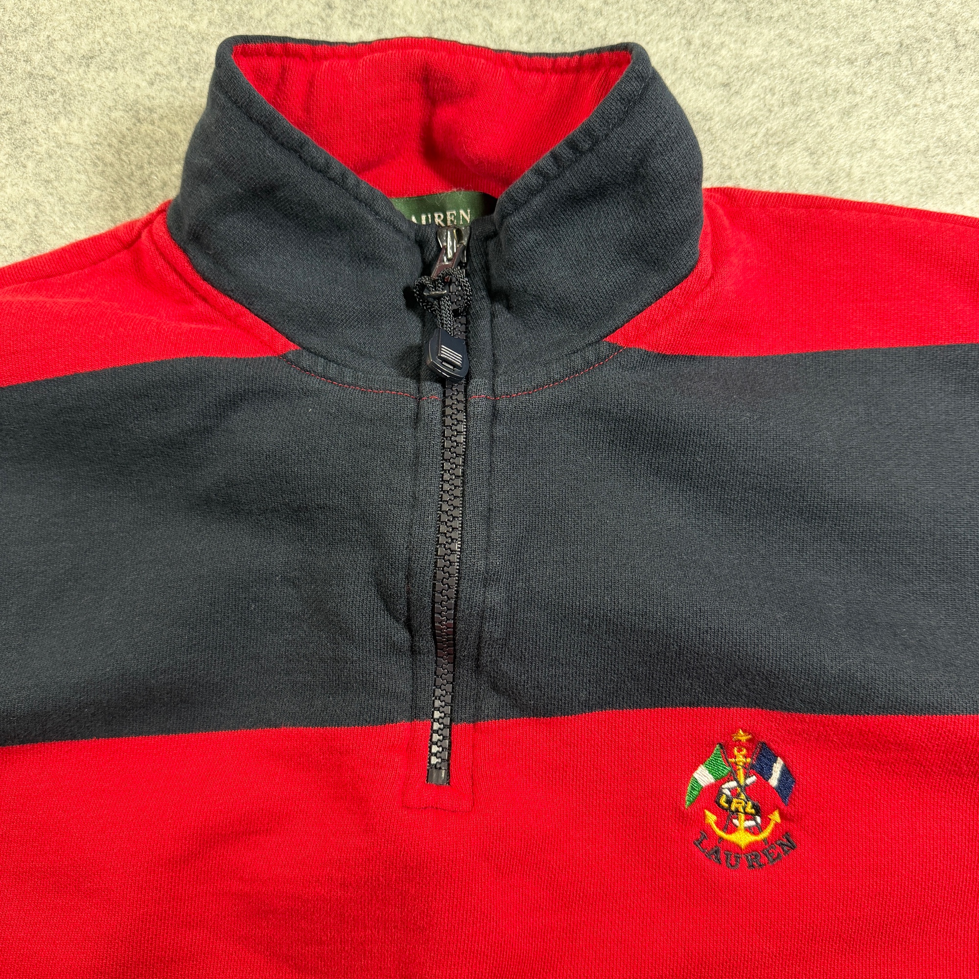 Iconic Lauren Ralph Lauren Rugby Sweater Womens S Red Navy Striped Quarter Zip thumbnail 8