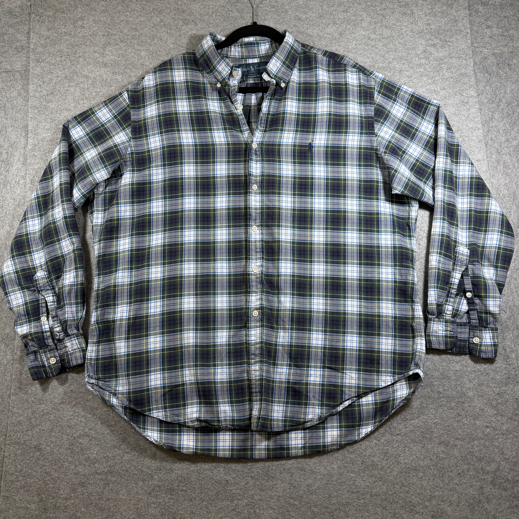 Polo Ralph Lauren Button Down Shirt Mens XL Green Navy Plaid Classic Fit Cotton