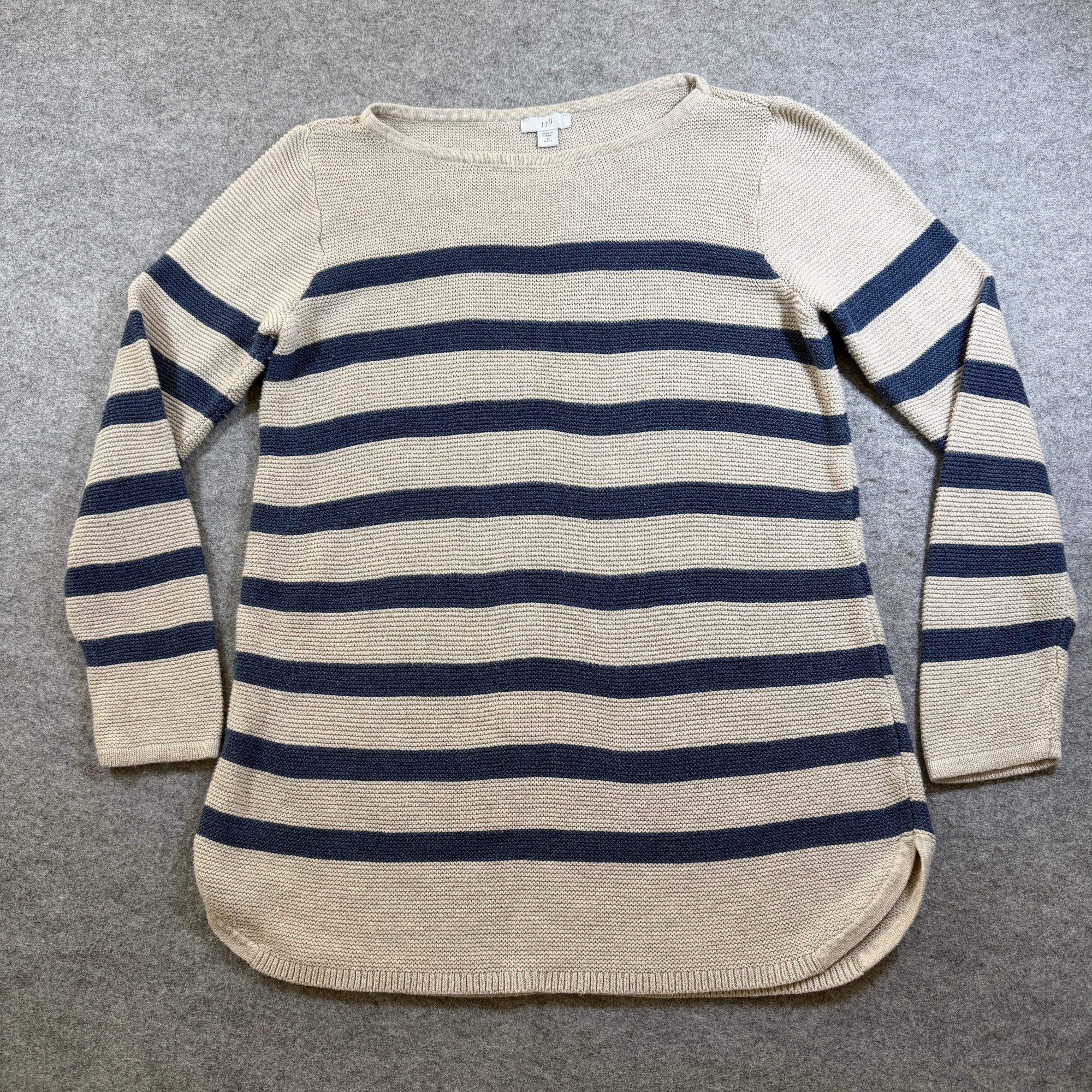 J Jill Sweater Womens S Petite Tan Navy Stripe Boatneck Cotton Breton Casual