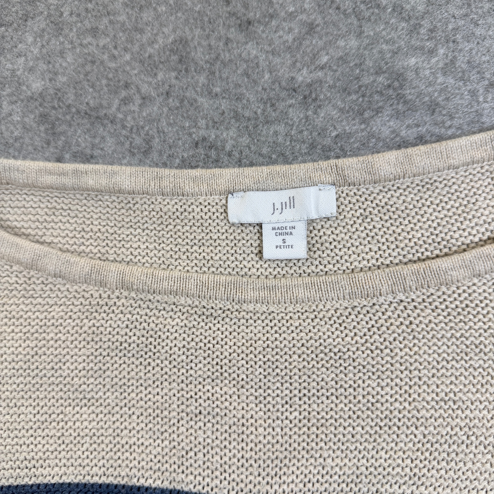 J Jill Sweater Womens S Petite Tan Navy Stripe Boatneck Cotton Breton Casual thumbnail 3