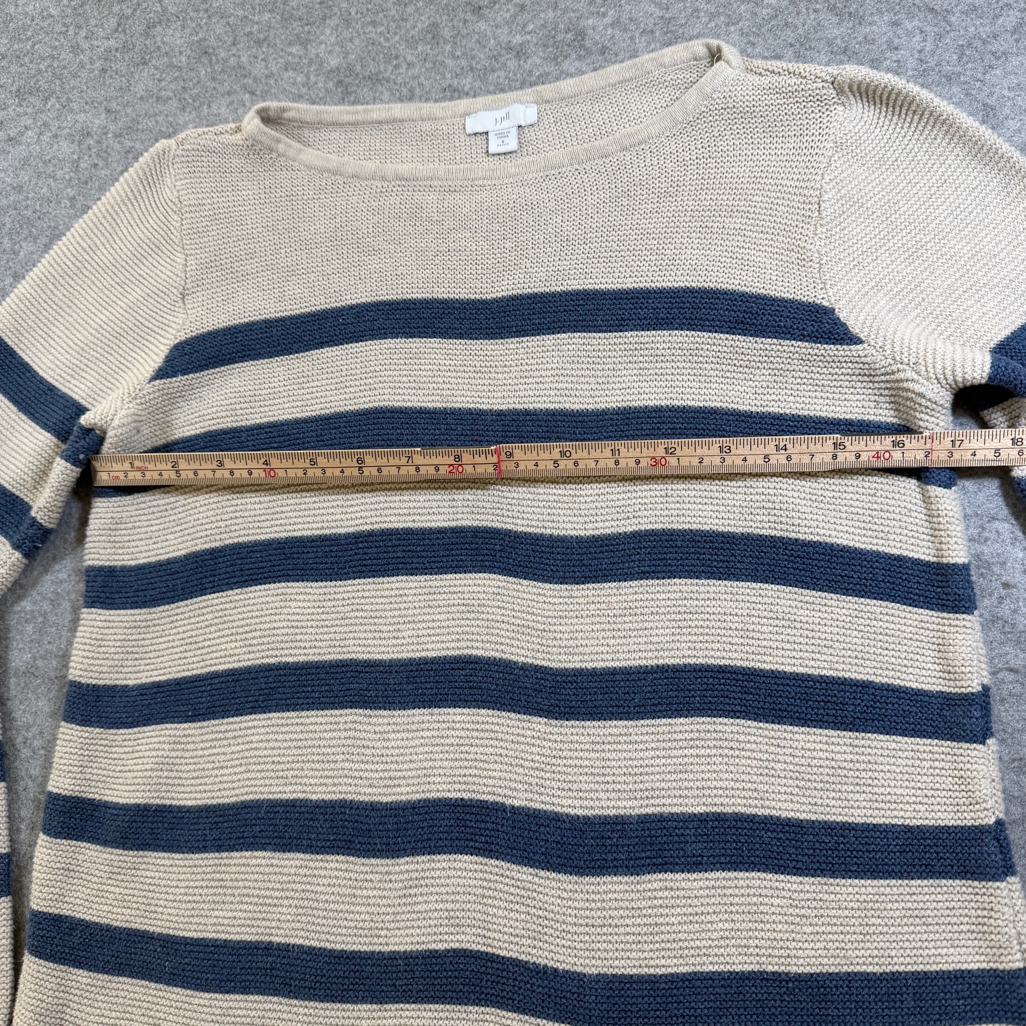 J Jill Sweater Womens S Petite Tan Navy Stripe Boatneck Cotton Breton Casual thumbnail 4