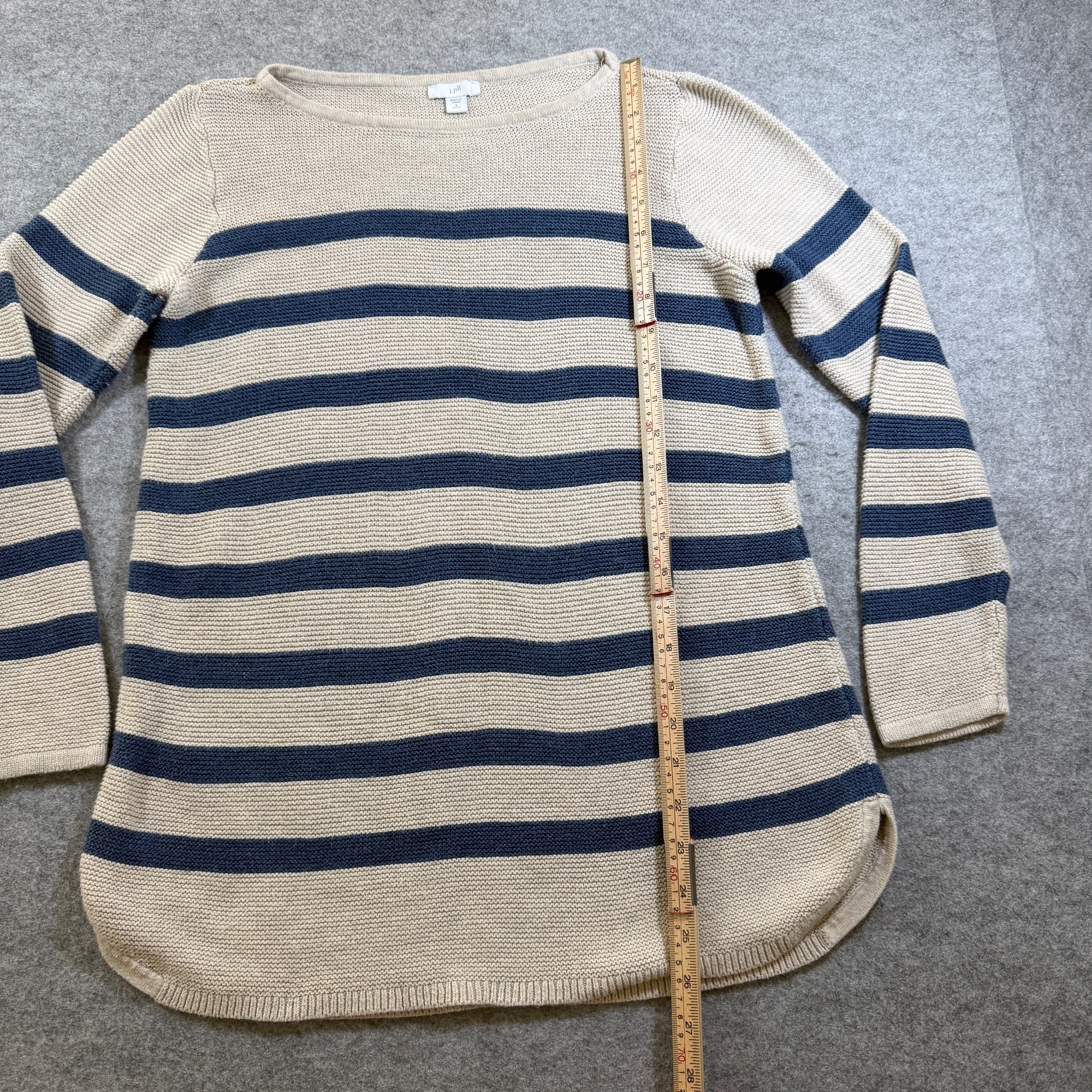 J Jill Sweater Womens S Petite Tan Navy Stripe Boatneck Cotton Breton Casual thumbnail 5