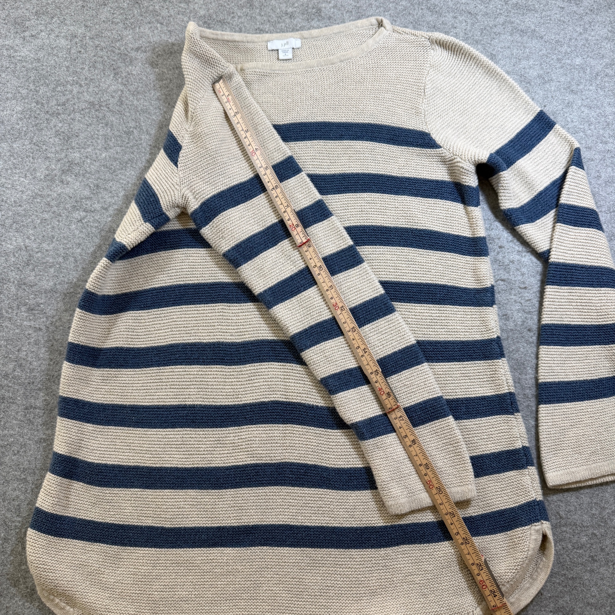 J Jill Sweater Womens S Petite Tan Navy Stripe Boatneck Cotton Breton Casual thumbnail 6