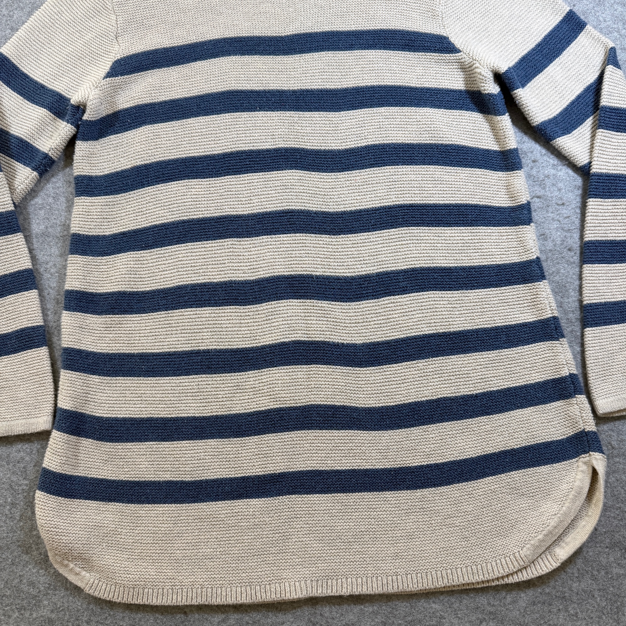 J Jill Sweater Womens S Petite Tan Navy Stripe Boatneck Cotton Breton Casual thumbnail 7