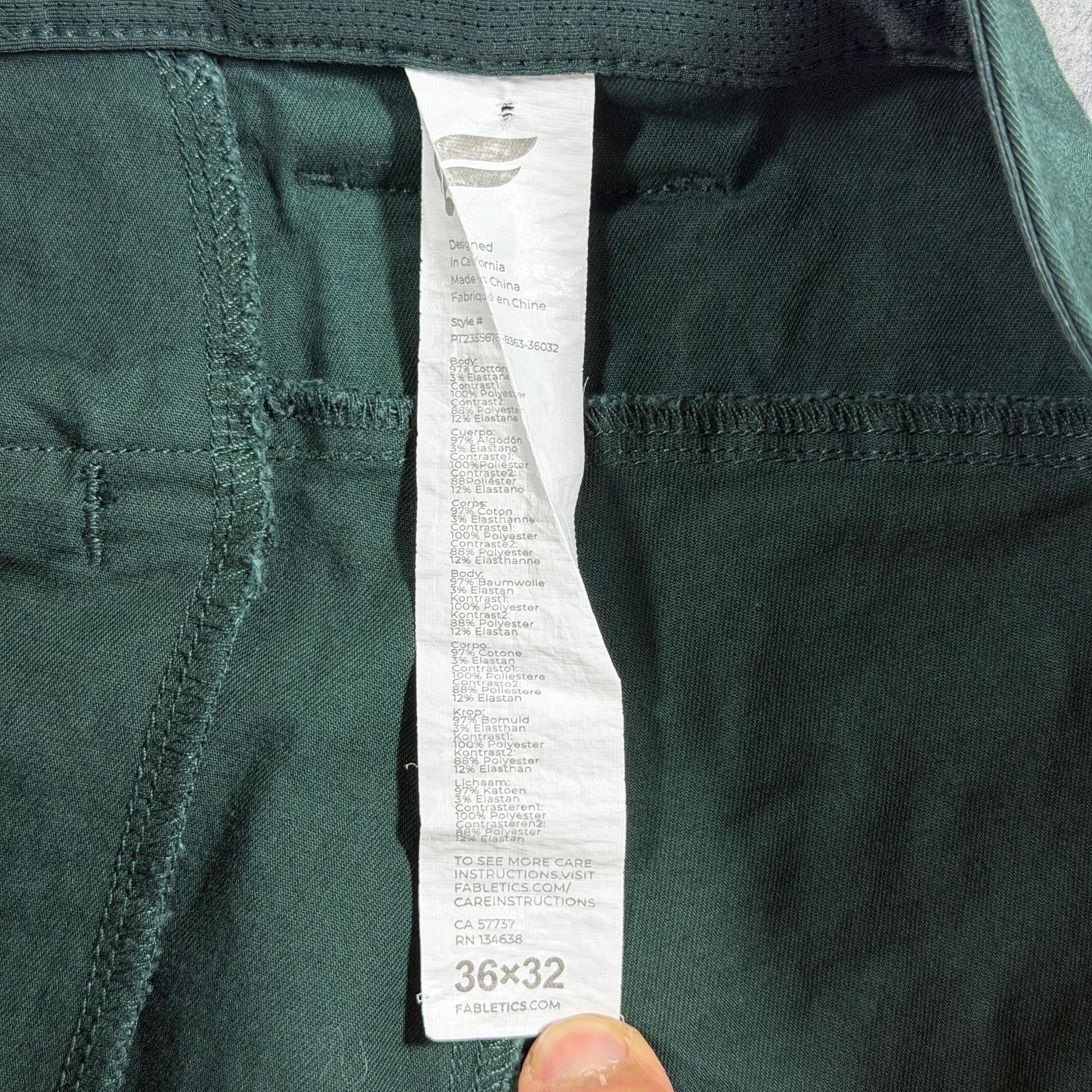 Fabletics Chino Pants Mens 36x32 Dark Green Slim Tapered Flat Front Stretch thumbnail 3