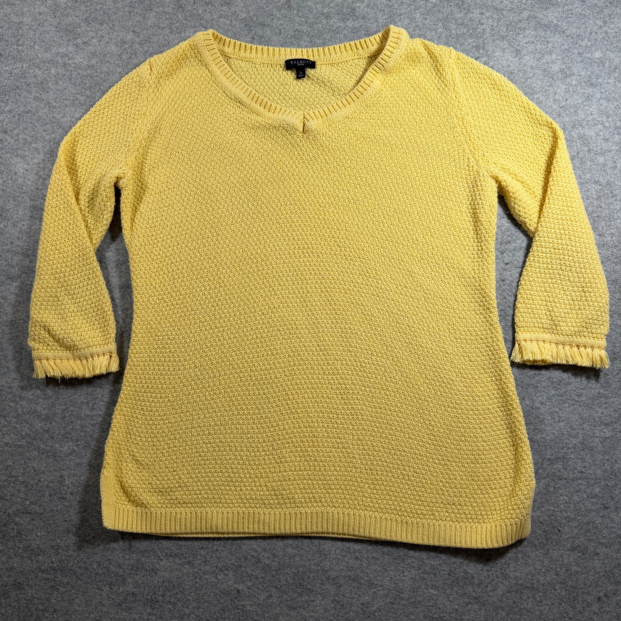 Talbots 3/4 Sleeve Sweater Womens M Yellow Cotton Fringe Cuff Crewneck Preppy