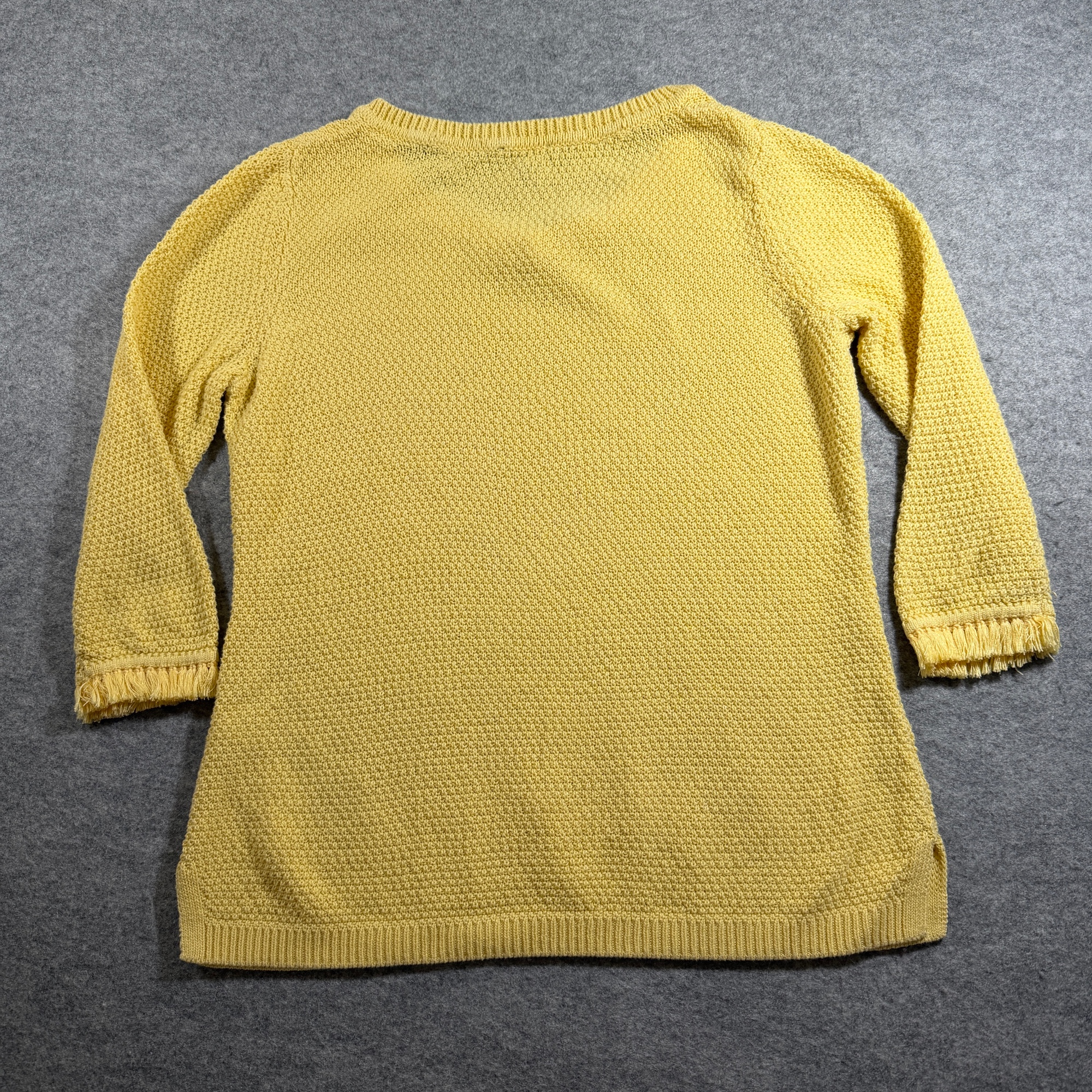 Talbots 3/4 Sleeve Sweater Womens M Yellow Cotton Fringe Cuff Crewneck Preppy thumbnail 2
