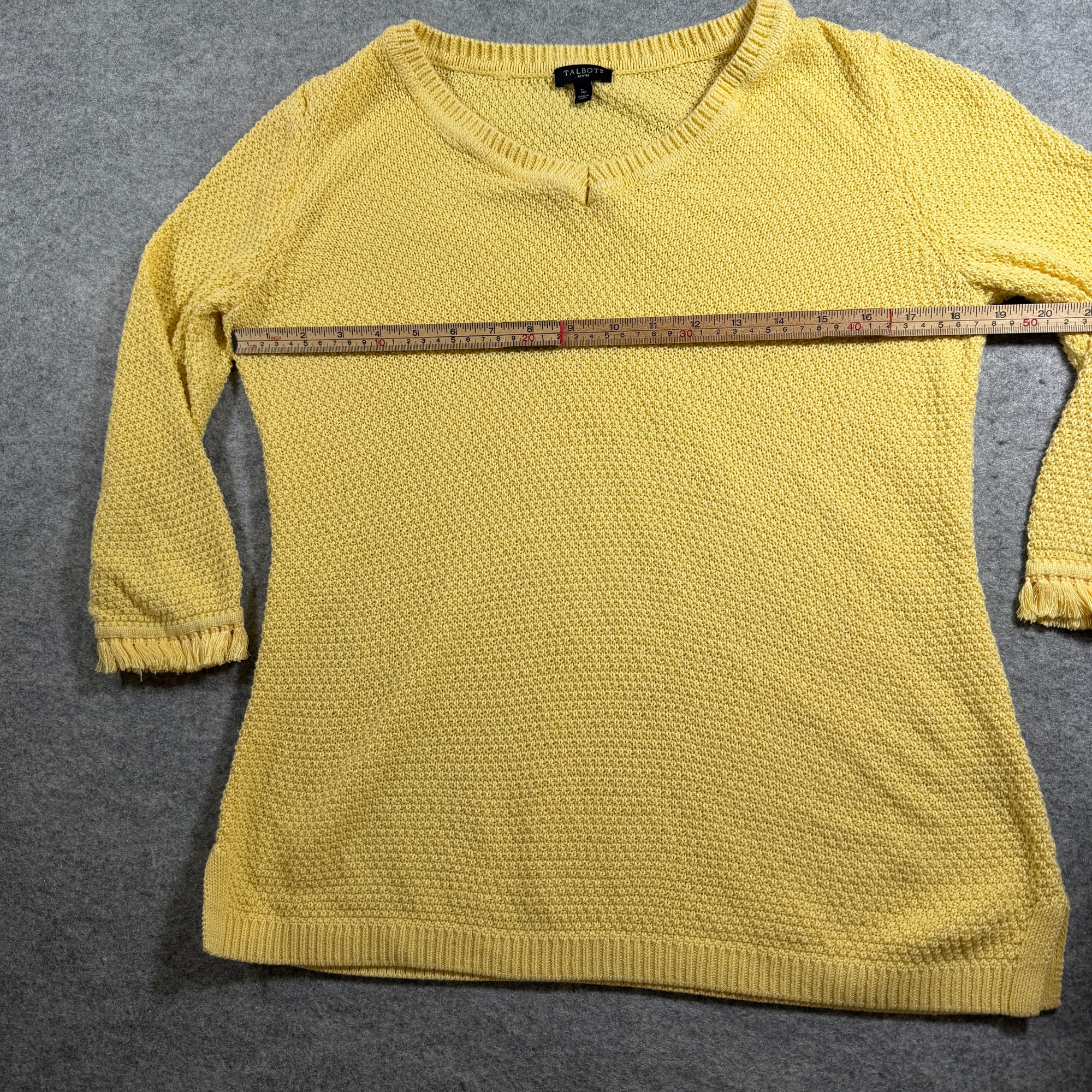 Talbots 3/4 Sleeve Sweater Womens M Yellow Cotton Fringe Cuff Crewneck Preppy thumbnail 4
