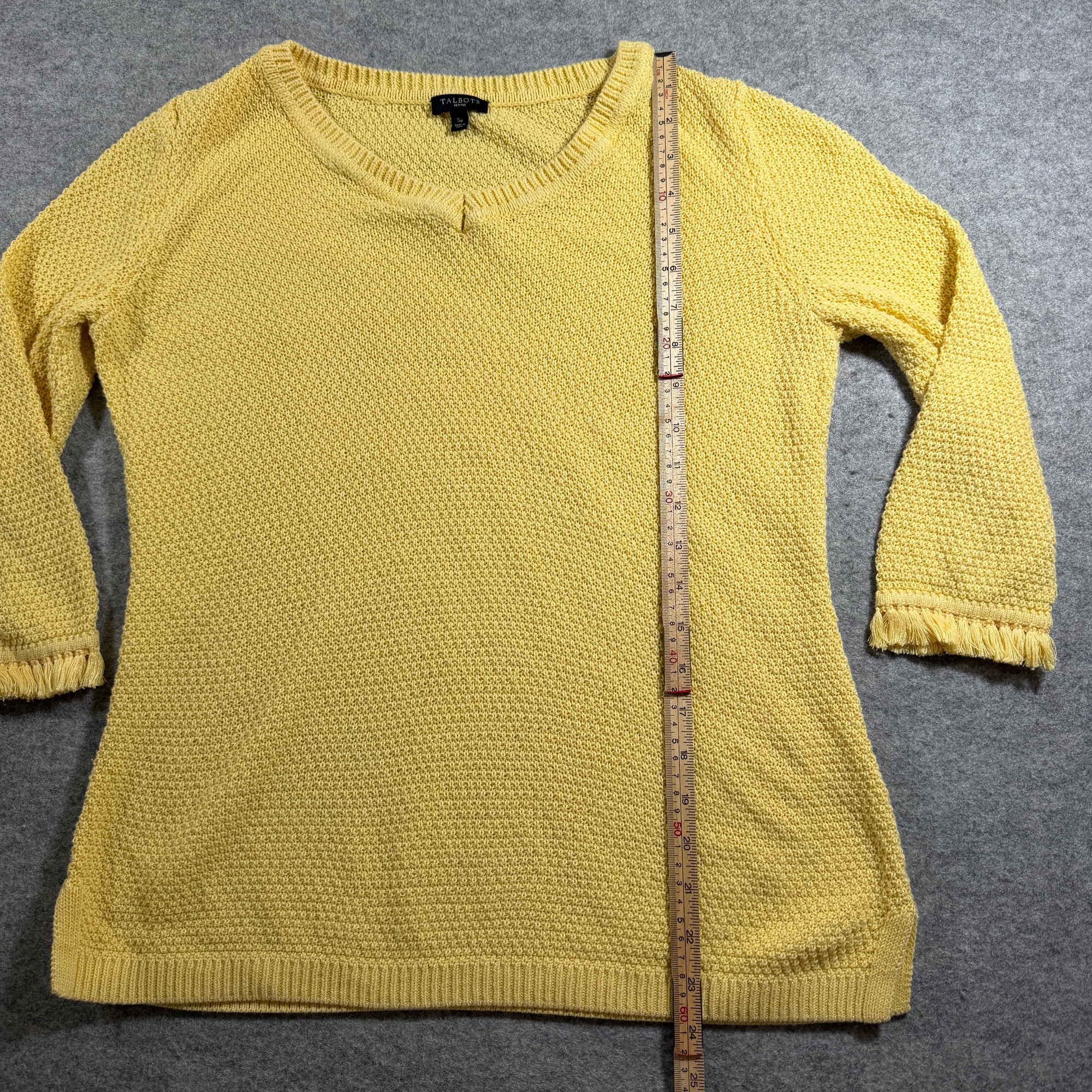 Talbots 3/4 Sleeve Sweater Womens M Yellow Cotton Fringe Cuff Crewneck Preppy thumbnail 5