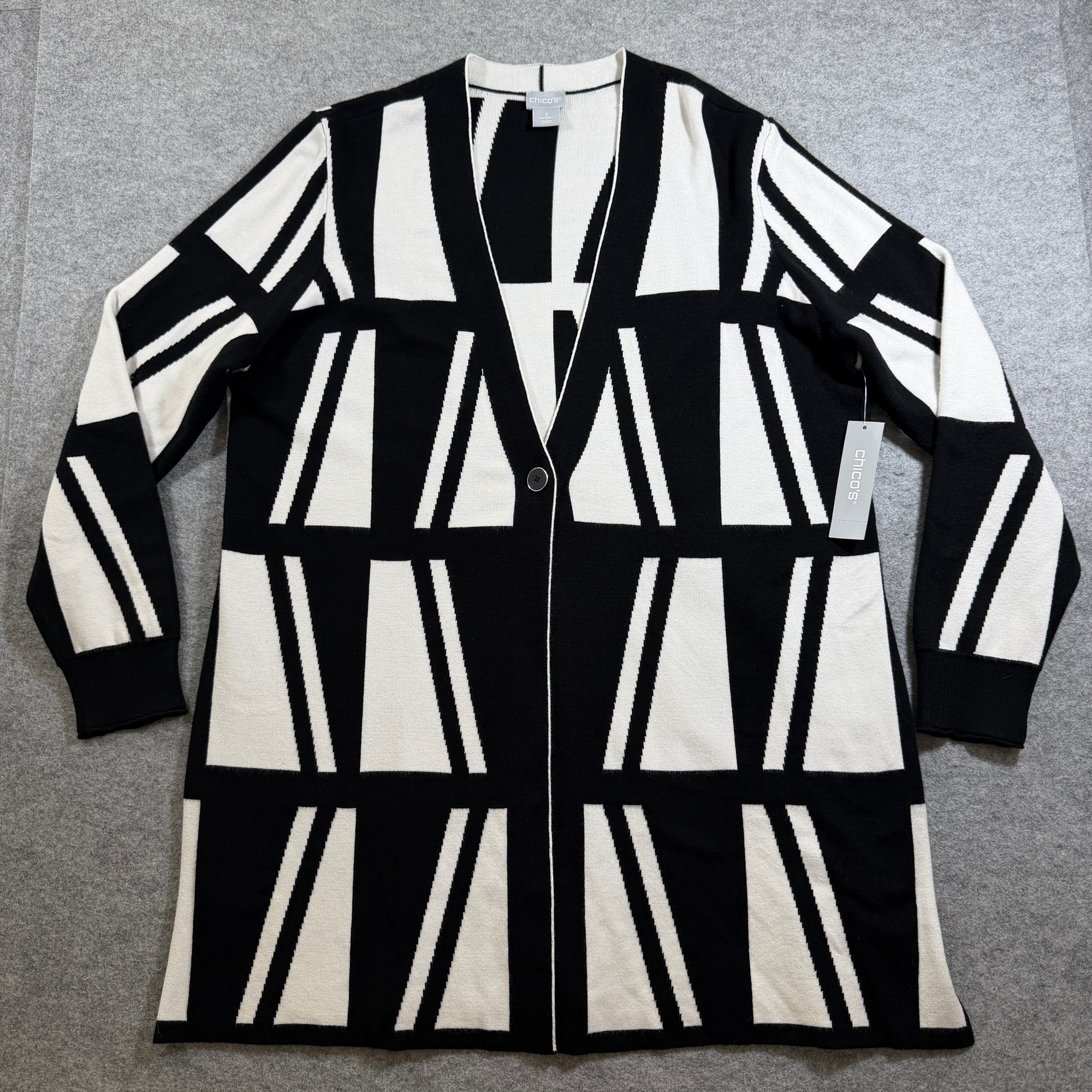 Chico's Cardigan Sweater Womens L Black White Geometric Open Front Soft Stretch