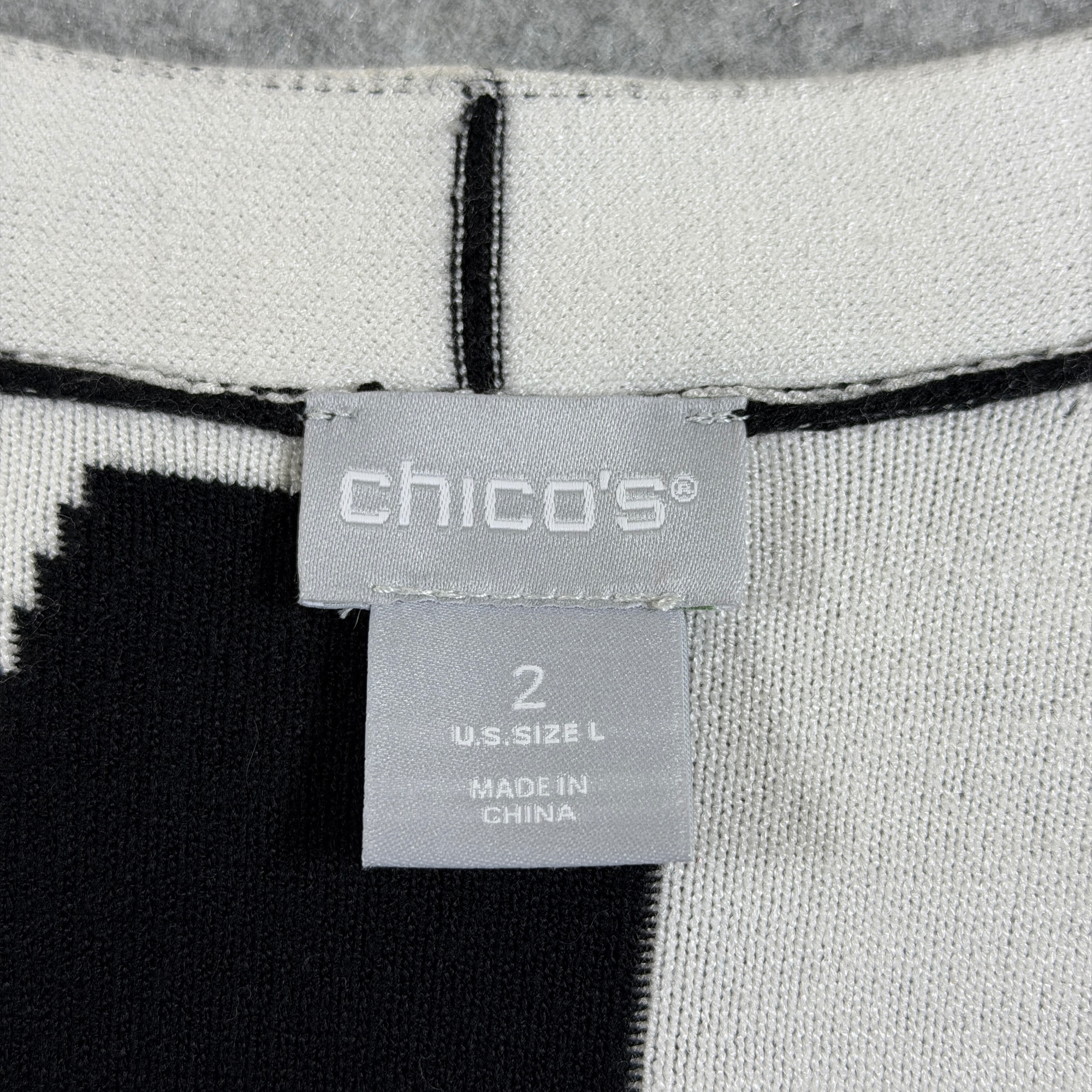 Chico's Cardigan Sweater Womens L Black White Geometric Open Front Soft Stretch  thumbnail 2