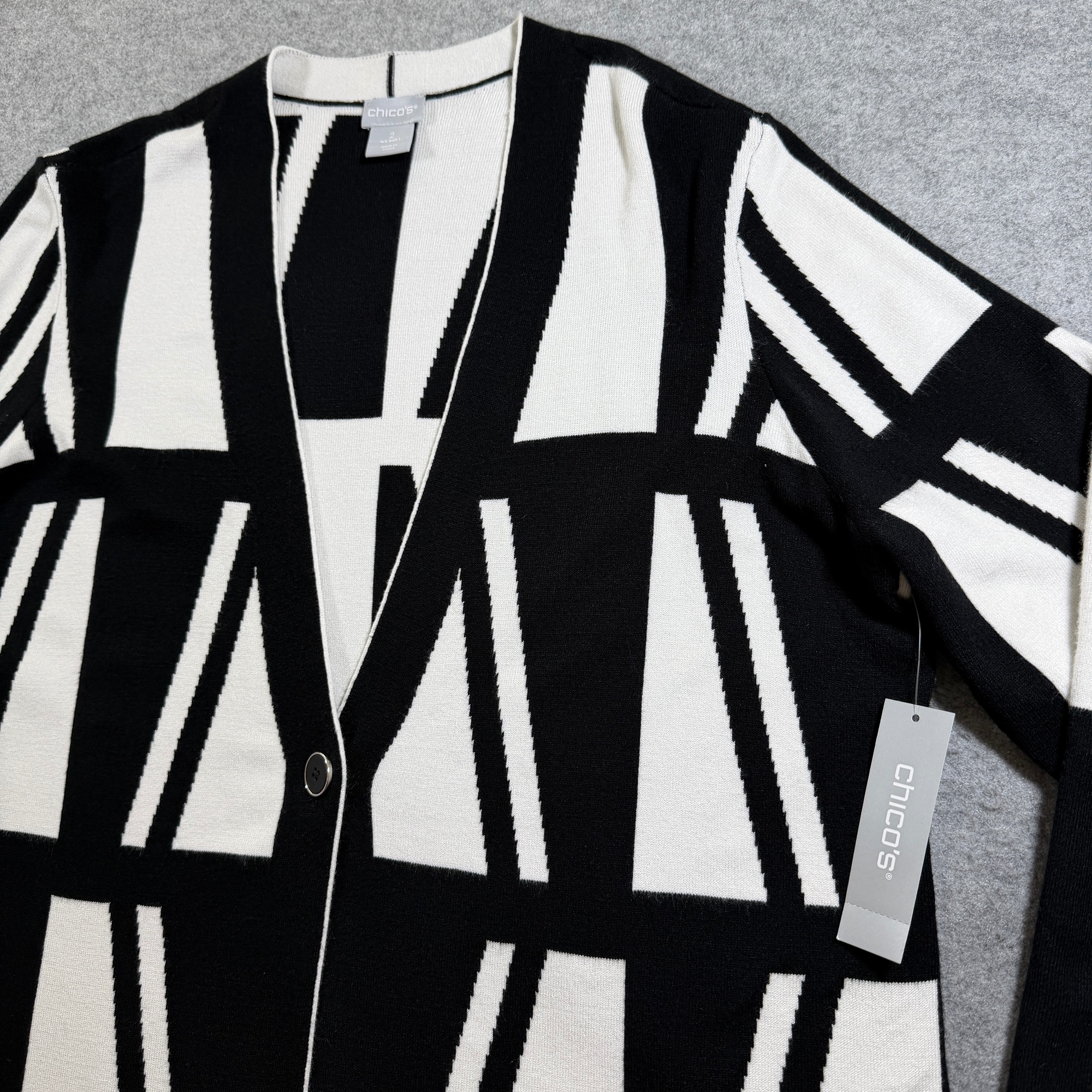Chico's Cardigan Sweater Womens L Black White Geometric Open Front Soft Stretch  thumbnail 3
