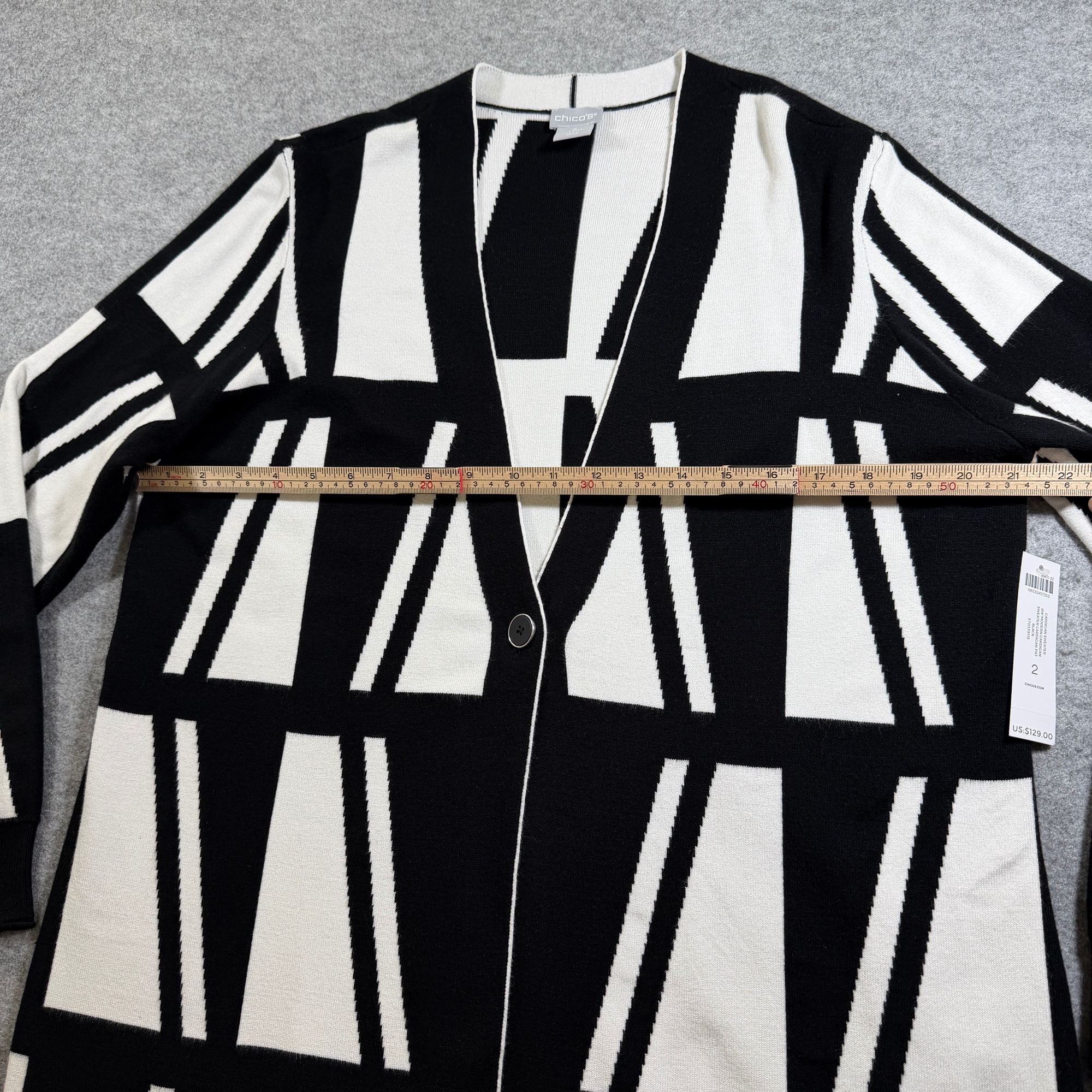 Chico's Cardigan Sweater Womens L Black White Geometric Open Front Soft Stretch  thumbnail 5