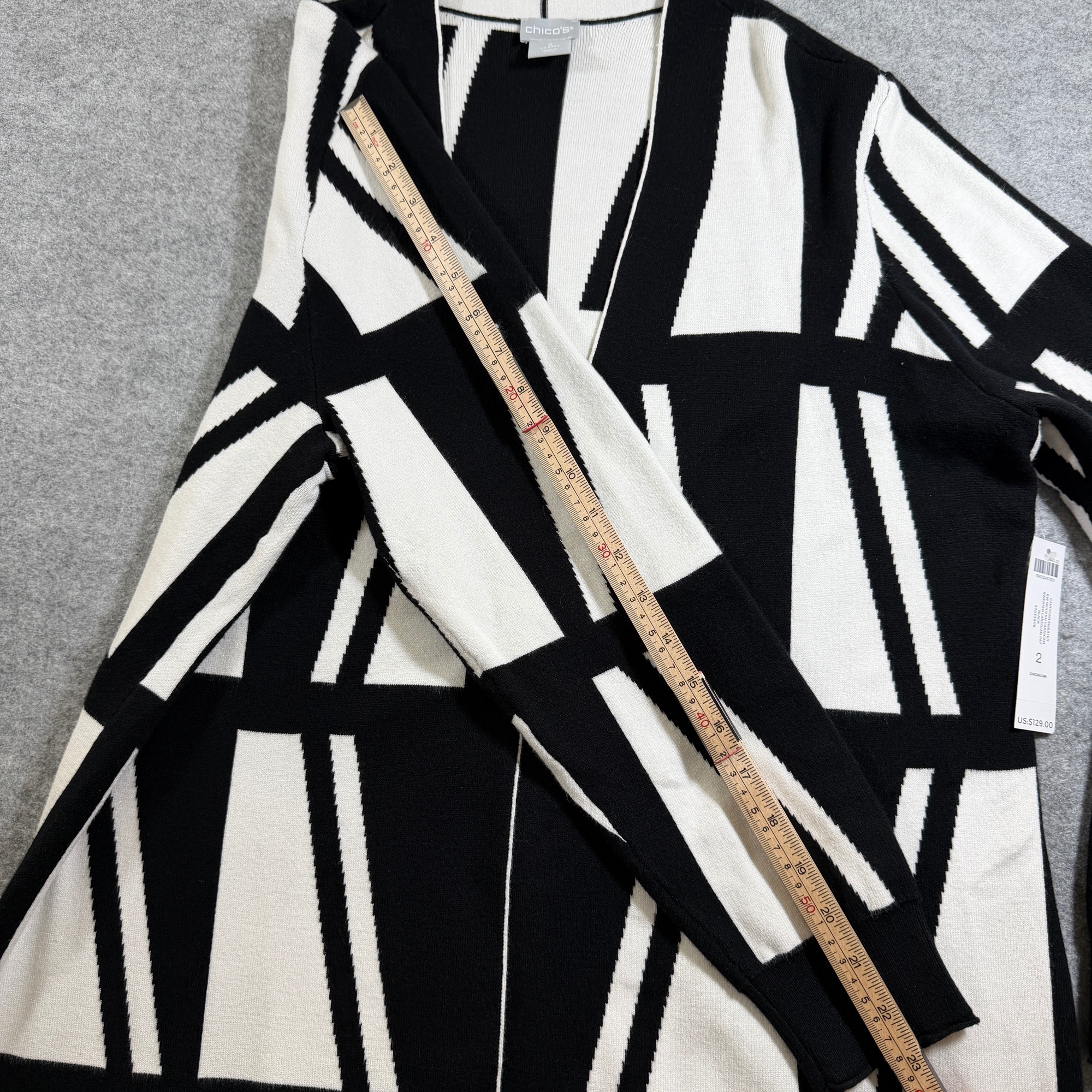 Chico's Cardigan Sweater Womens L Black White Geometric Open Front Soft Stretch  thumbnail 6