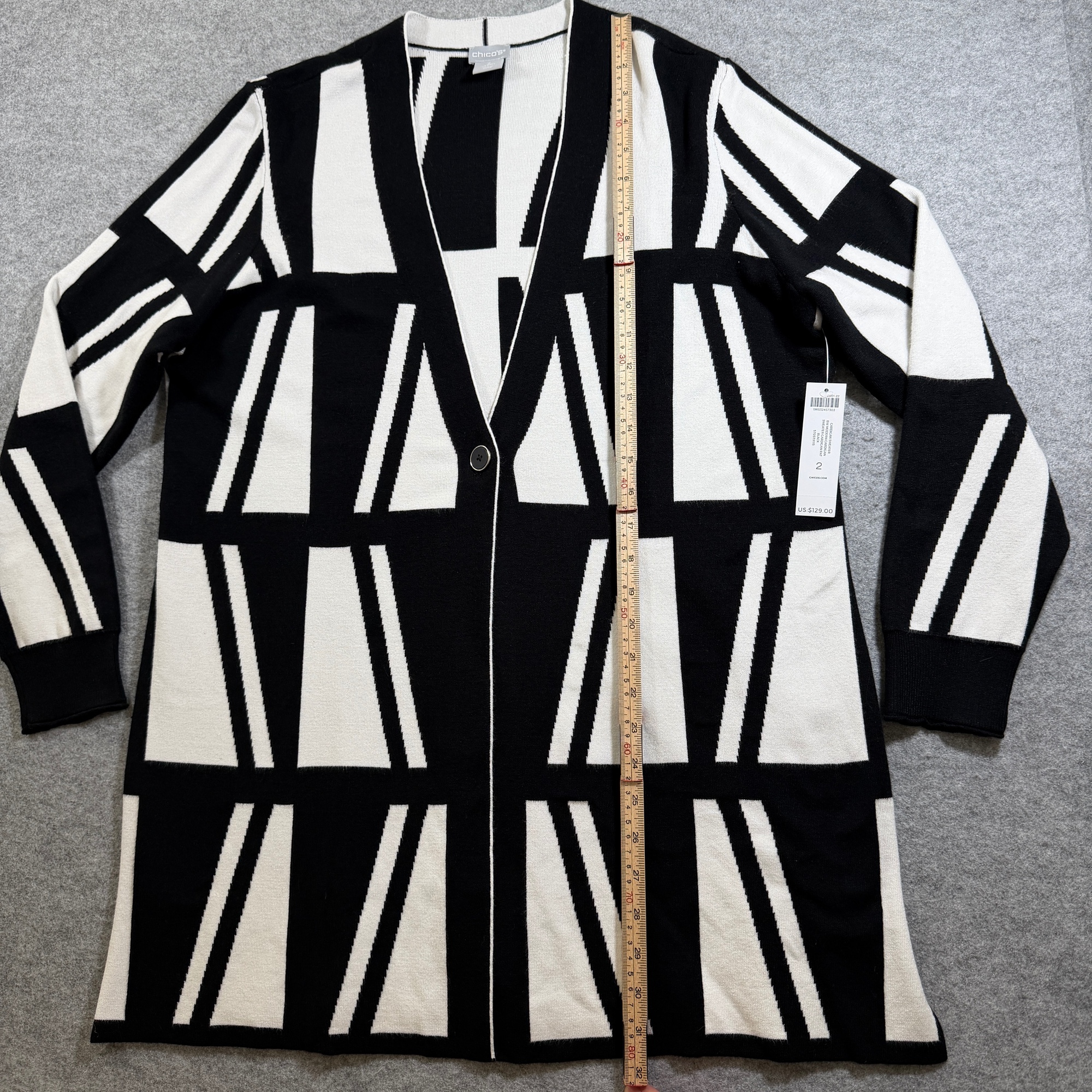 Chico's Cardigan Sweater Womens L Black White Geometric Open Front Soft Stretch  thumbnail 7