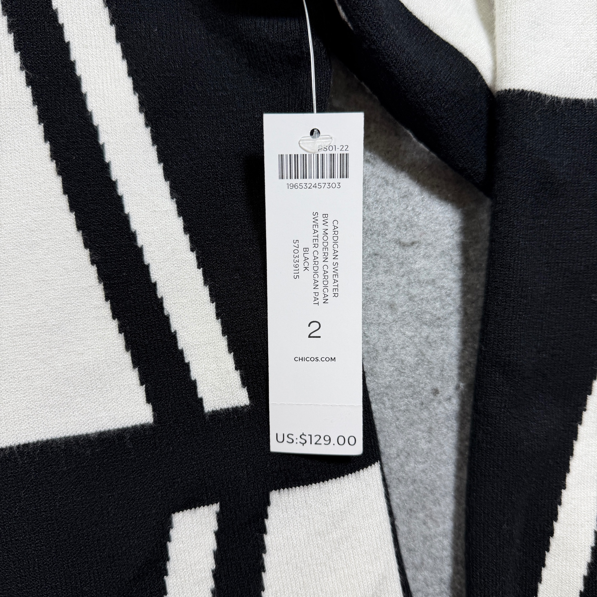 Chico's Cardigan Sweater Womens L Black White Geometric Open Front Soft Stretch  thumbnail 8