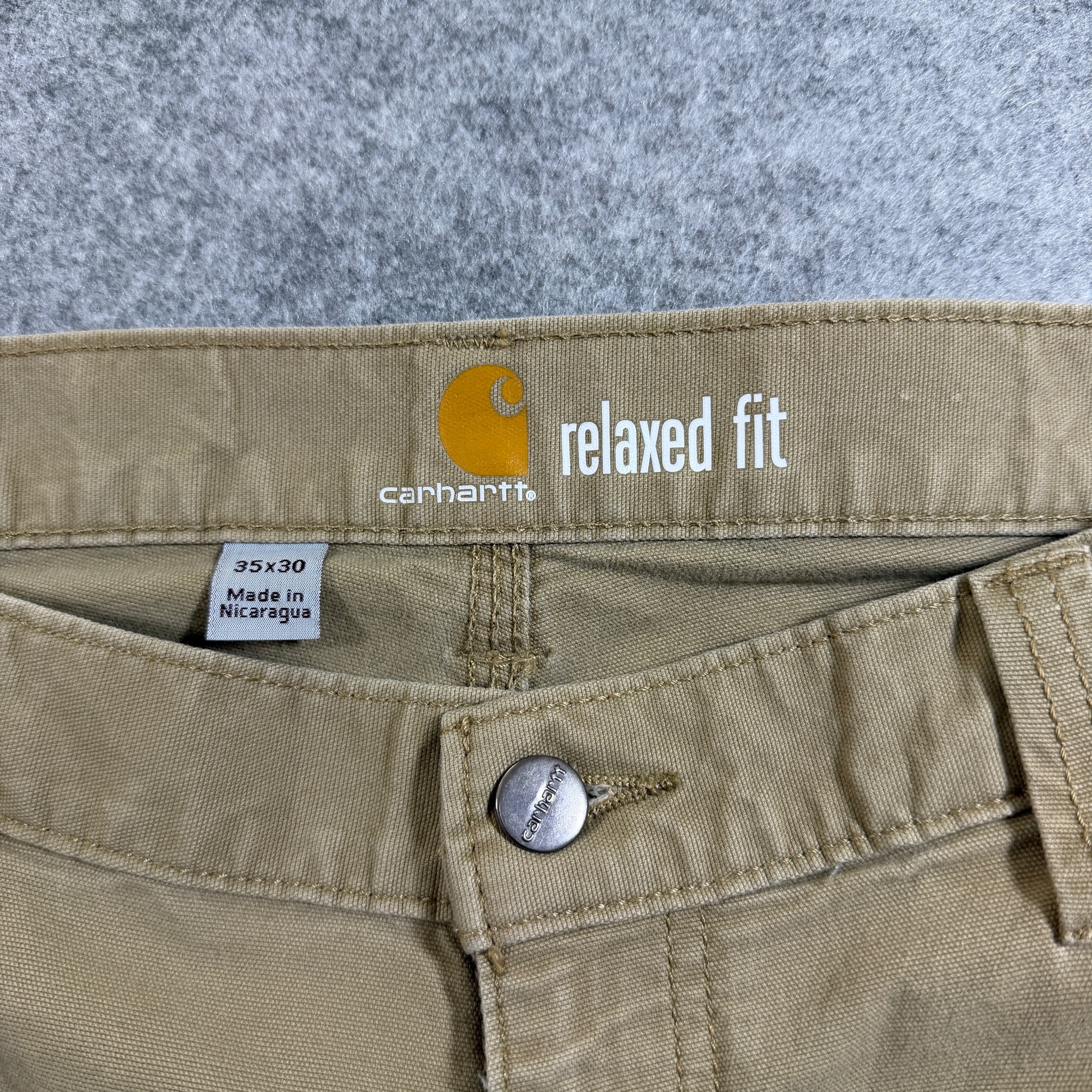 Carhartt Canvas Work Pants Mens 35x30 Khaki Tan Relaxed Fit Carpenter Pockets thumbnail 2