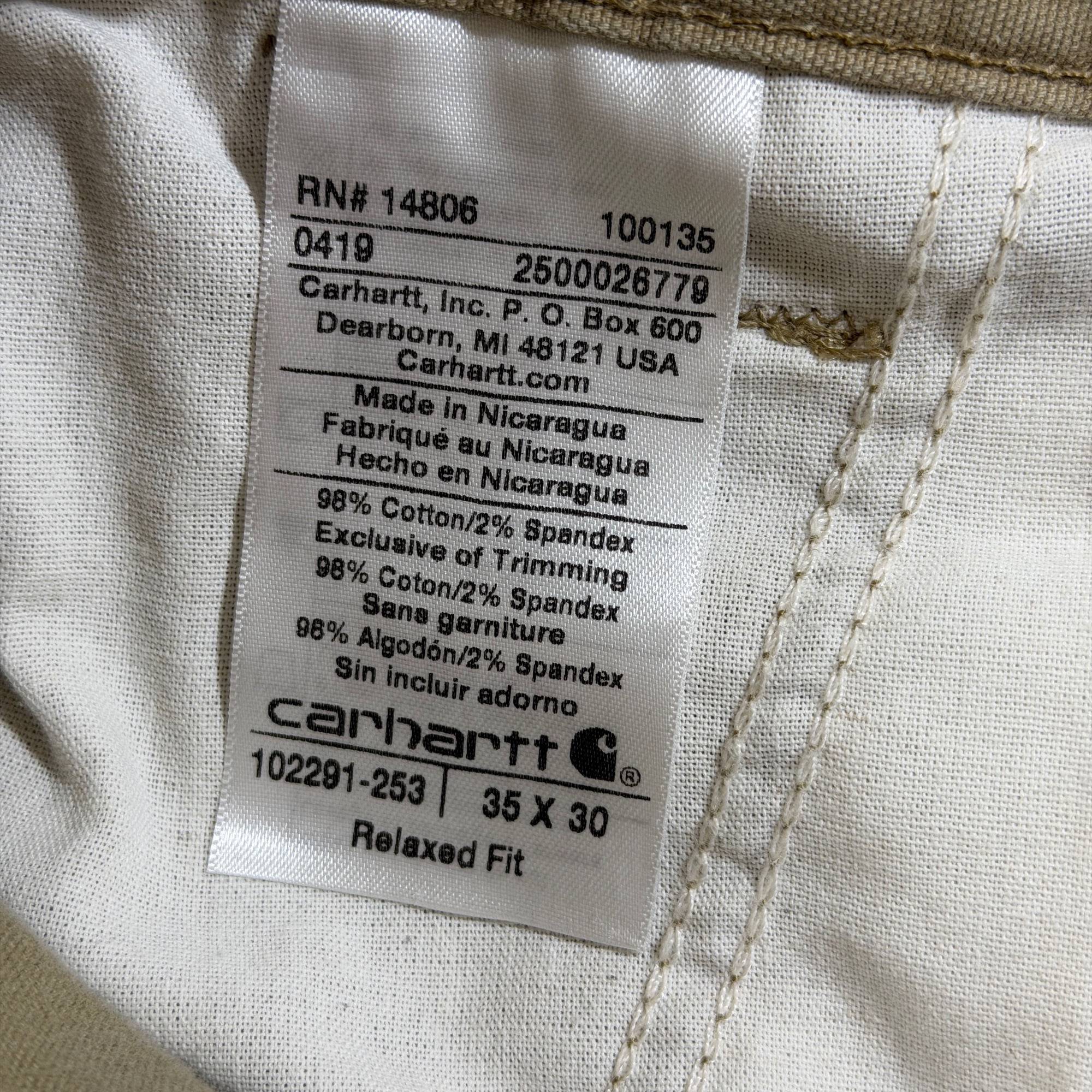 Carhartt Canvas Work Pants Mens 35x30 Khaki Tan Relaxed Fit Carpenter Pockets thumbnail 8