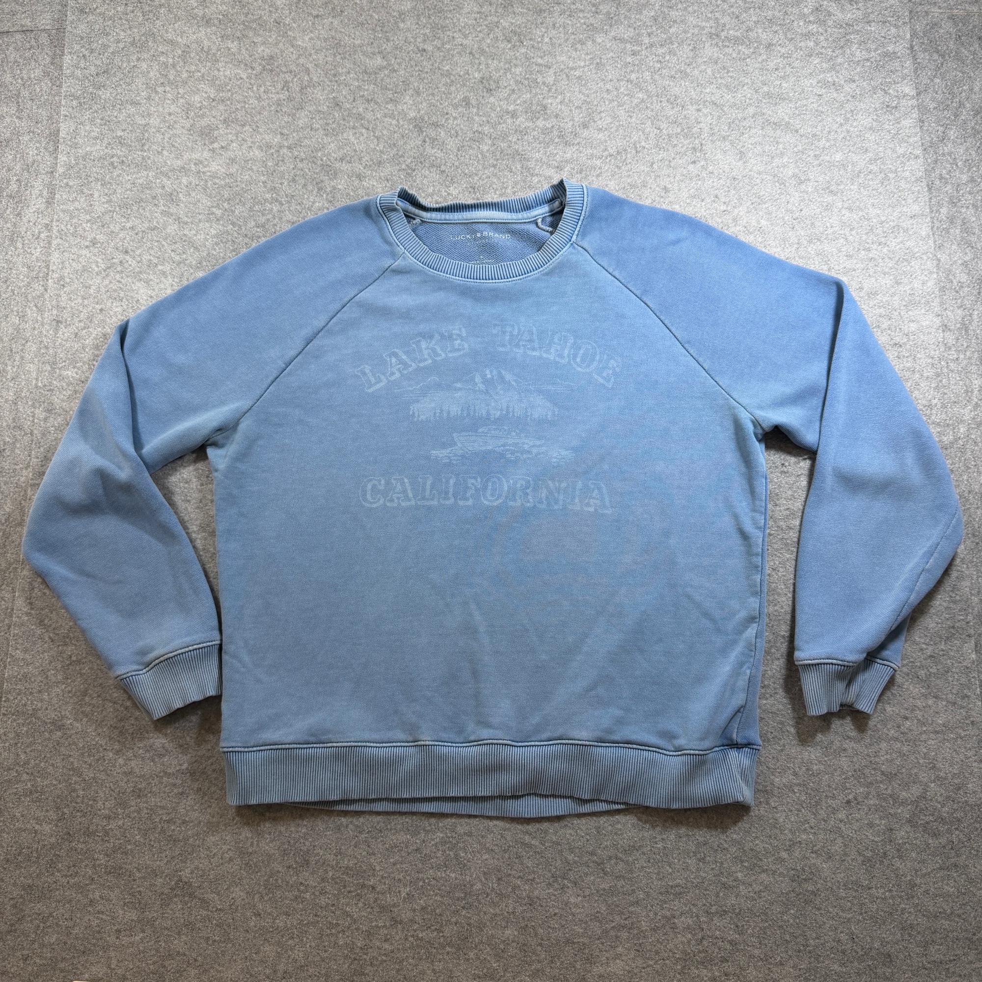 Lucky Brand Sweatshirt Womens L Light Blue Lake Tahoe Graphic Crewneck Cotton