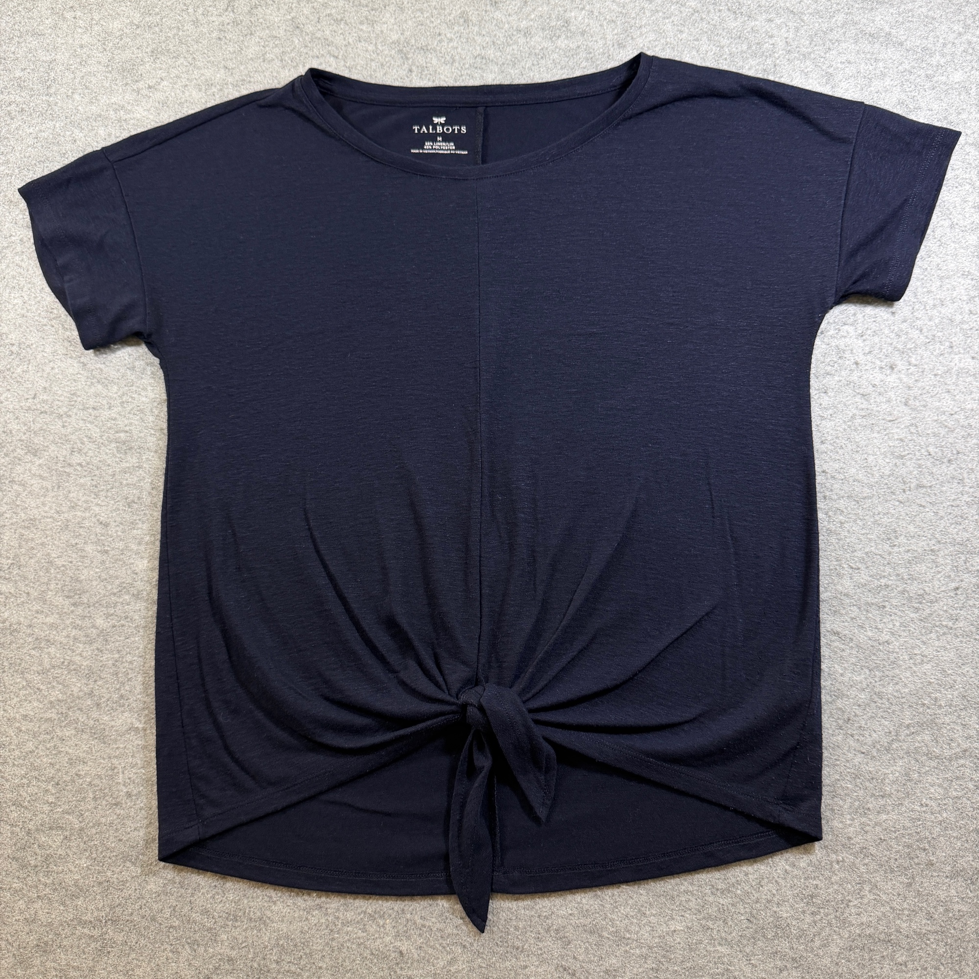 Talbots Tie-Front Top Womens M Navy Linen Blend Short Sleeve Round Neck Casual