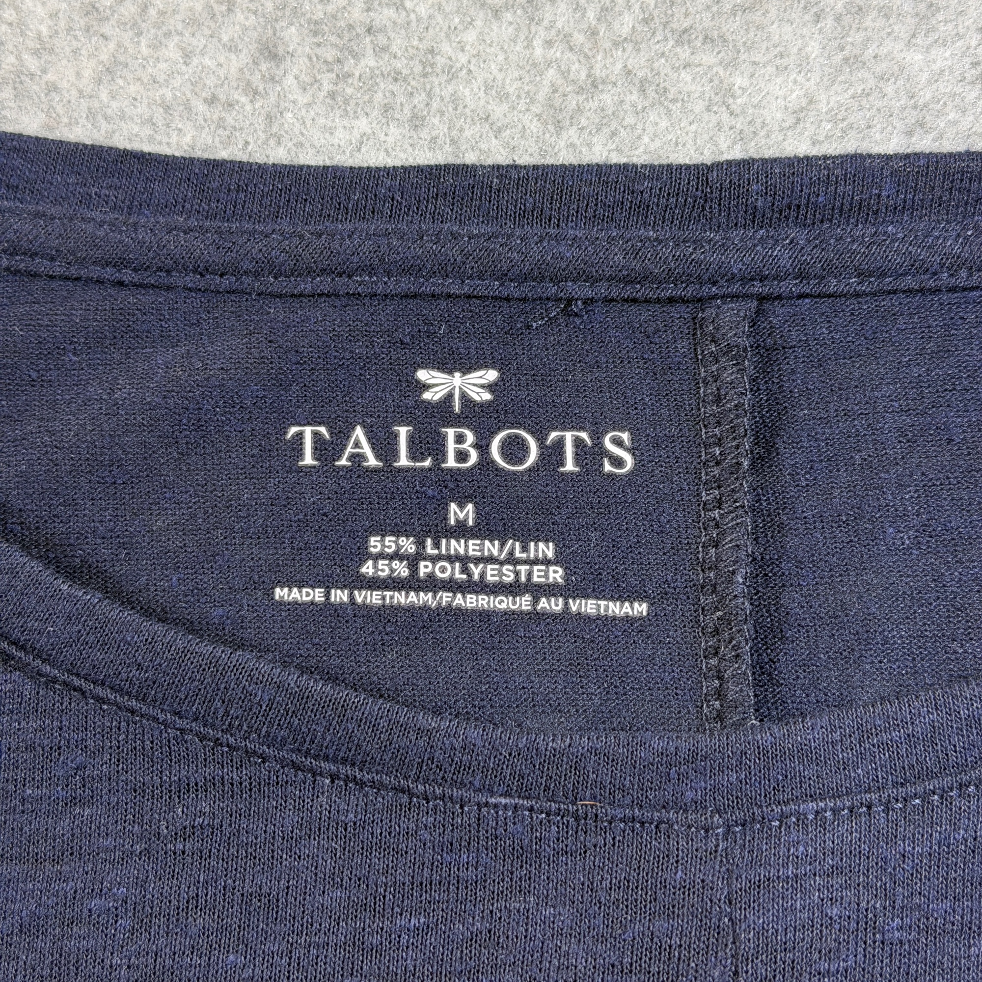 Talbots Tie-Front Top Womens M Navy Linen Blend Short Sleeve Round Neck Casual thumbnail 2