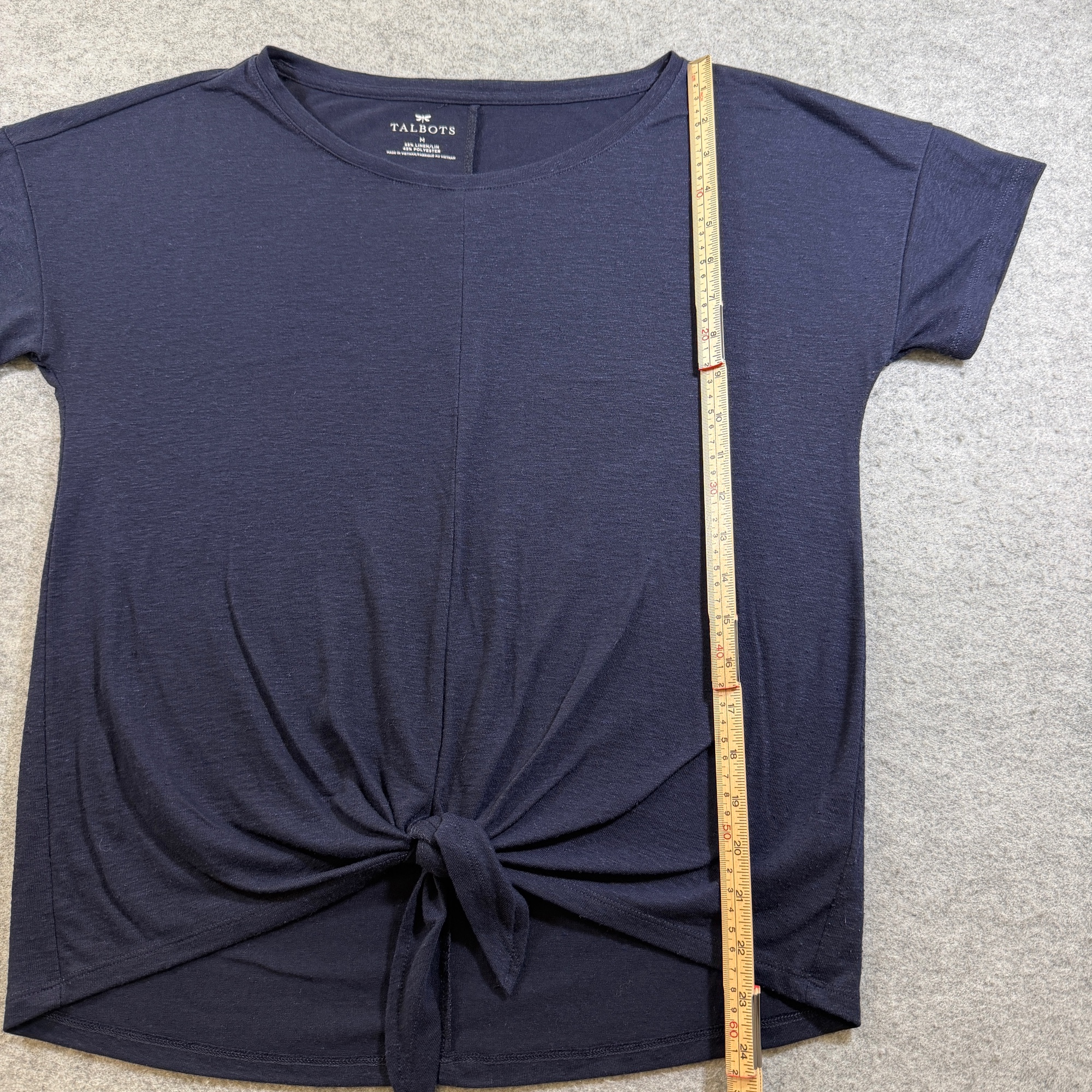Talbots Tie-Front Top Womens M Navy Linen Blend Short Sleeve Round Neck Casual thumbnail 6