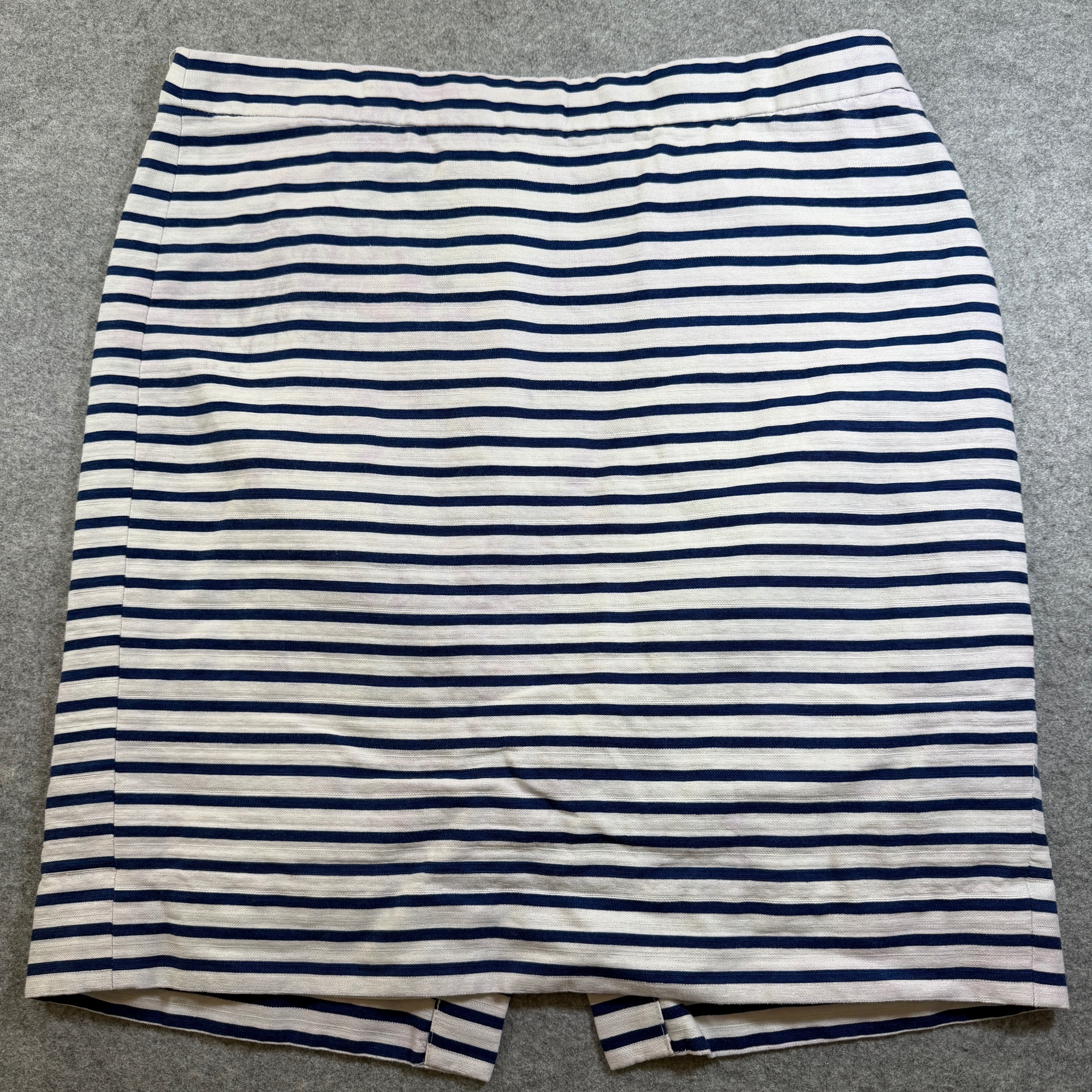 J.Crew Pencil Skirt Womens 14 Navy White Striped Cotton Linen Back Zip Vent
