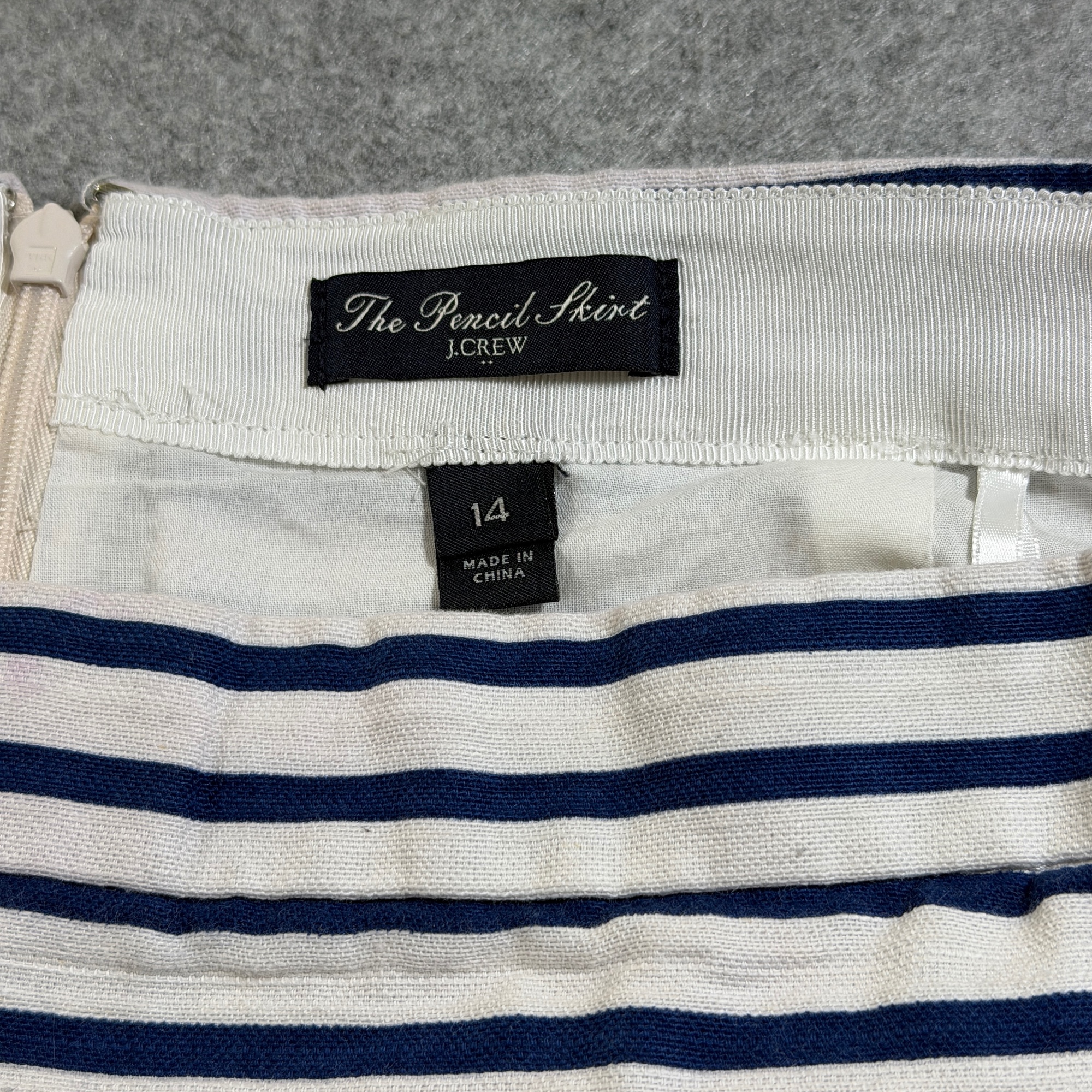 J.Crew Pencil Skirt Womens 14 Navy White Striped Cotton Linen Back Zip Vent thumbnail 9