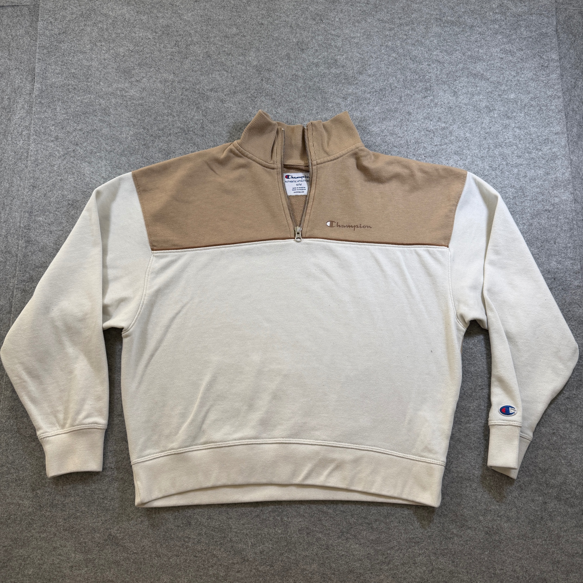 Champion Quarter Zip Sweatshirt Womens M Cream Tan Color Block Mock Neck Logo