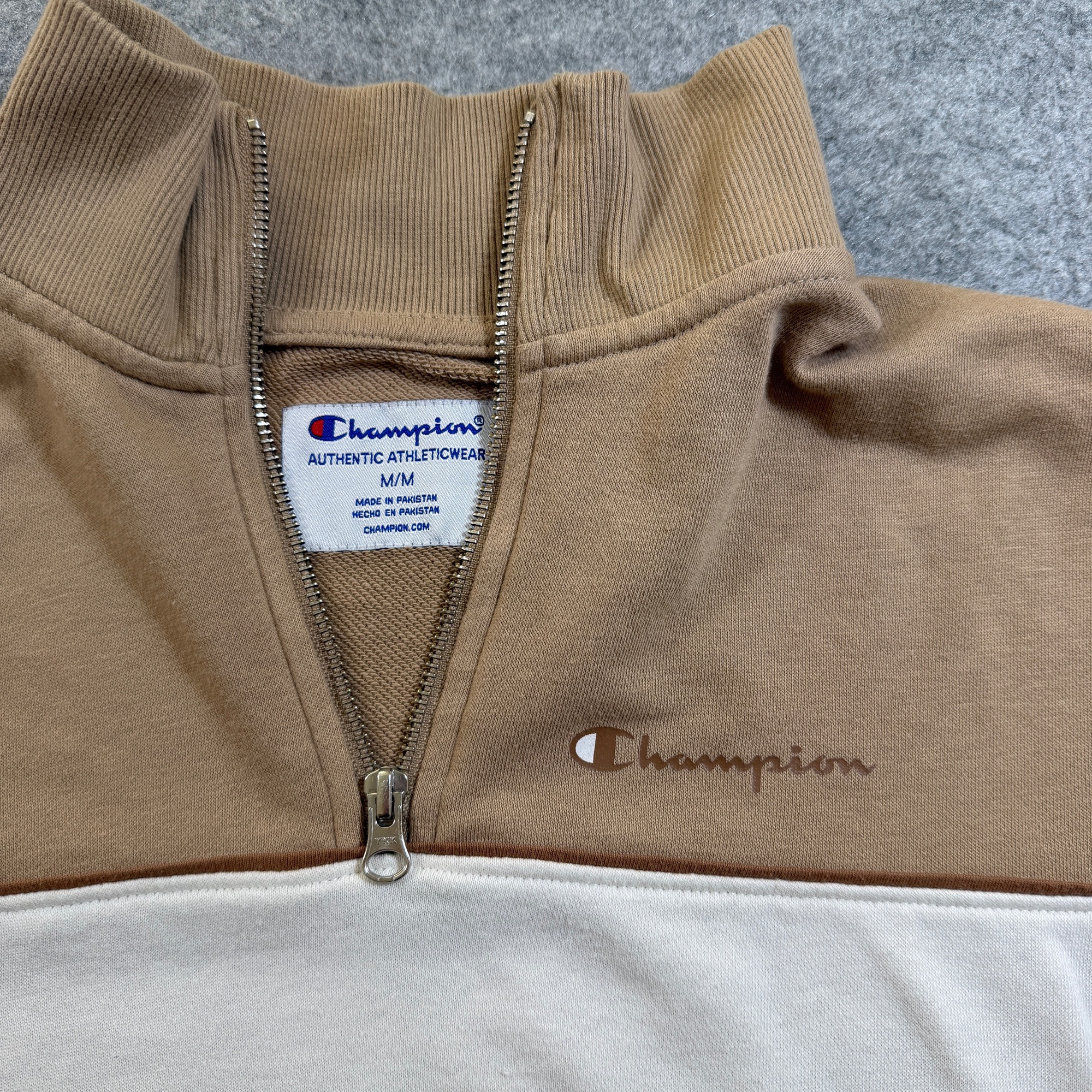 Champion Quarter Zip Sweatshirt Womens M Cream Tan Color Block Mock Neck Logo thumbnail 3