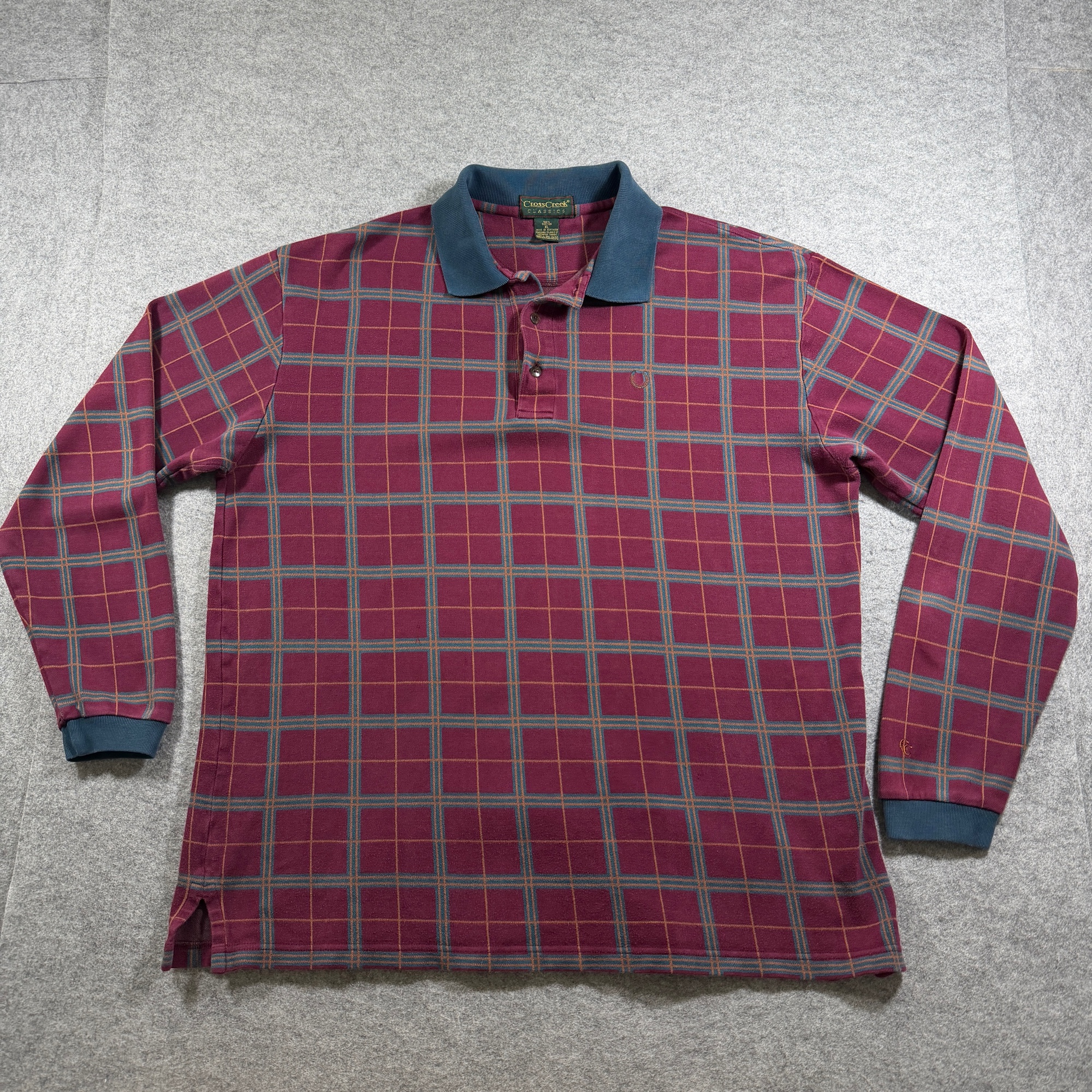 Vintage Cross Creek Golf Polo Shirt Mens XL Plaid Long Sleeve Preppy Horseshoe