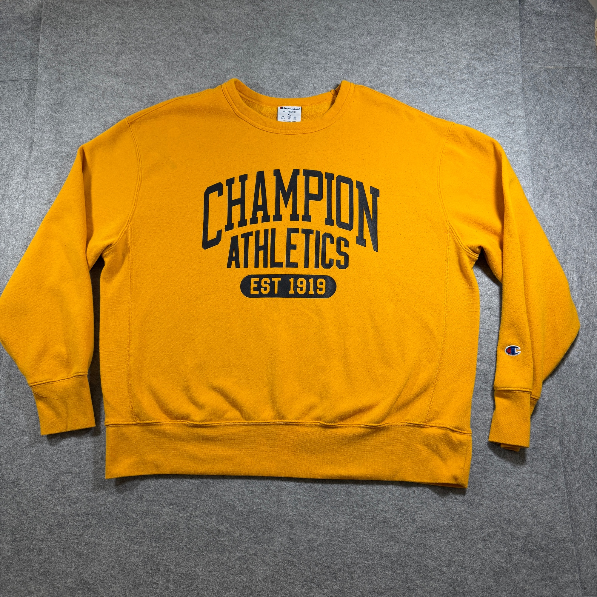 Champion Athletics Crewneck Sweatshirt Mens XL Gold Yellow Sleeve Logo Pullover