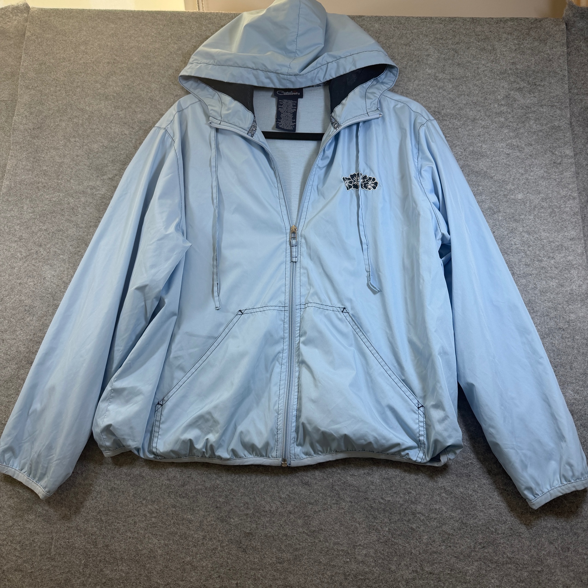 Catalina Windbreaker Jacket Womens L Light Blue Hooded Drawstring Full Zip