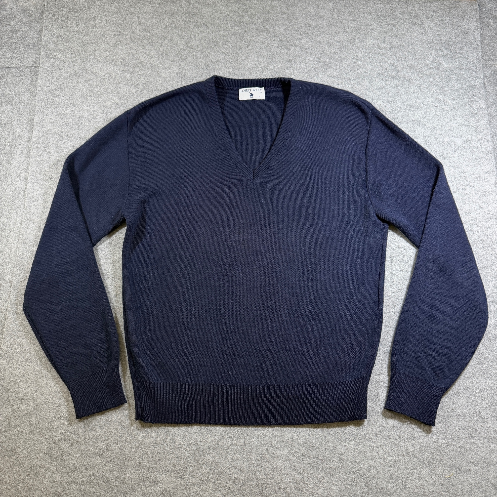 Robert Bruce Sweater Mens M Navy V Neck Ribbed Cuffs Vintage Acrylic Preppy