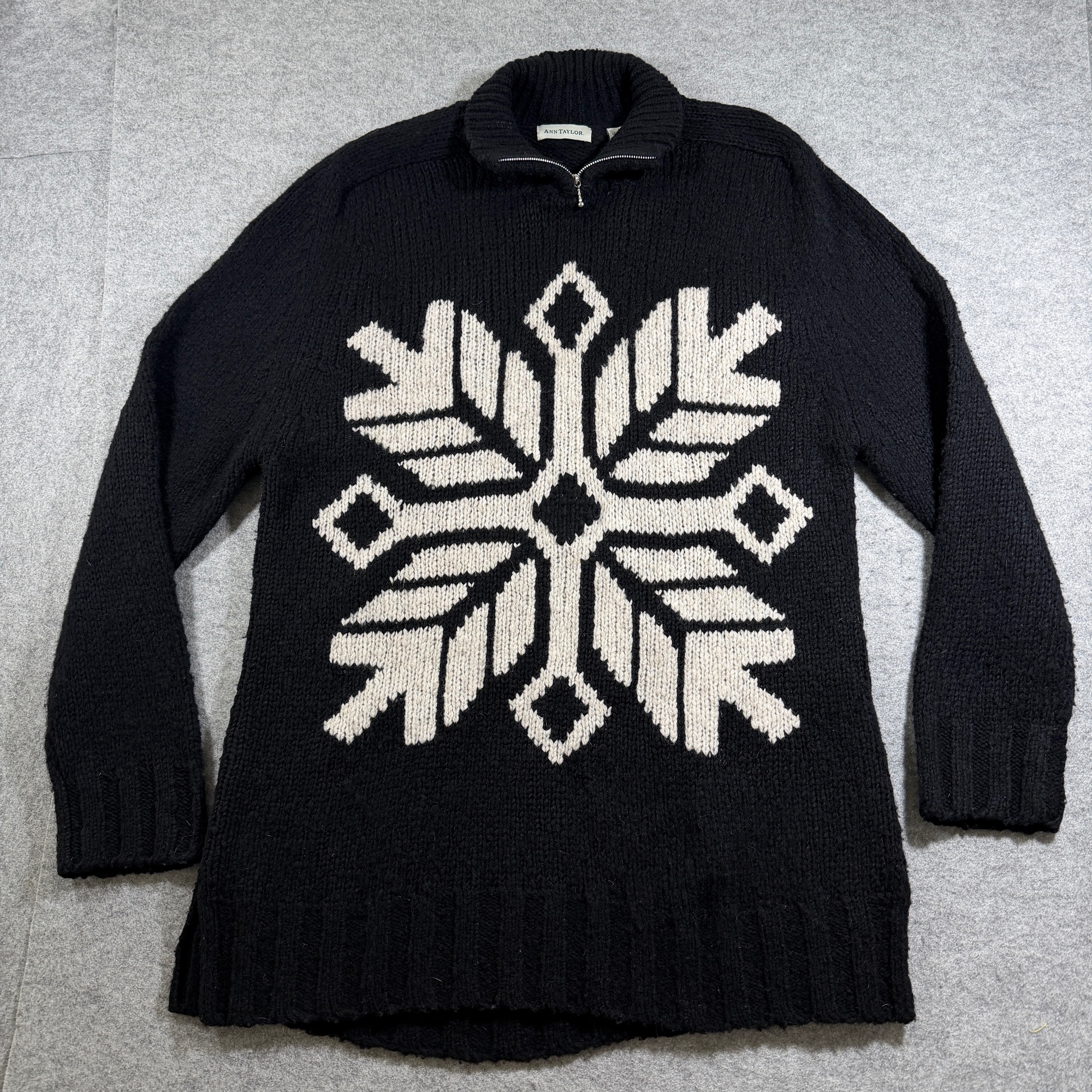 VTG Ann Taylor Long Sweater Womens M Black Snowflake Quarter Zip Mock Neck Wool