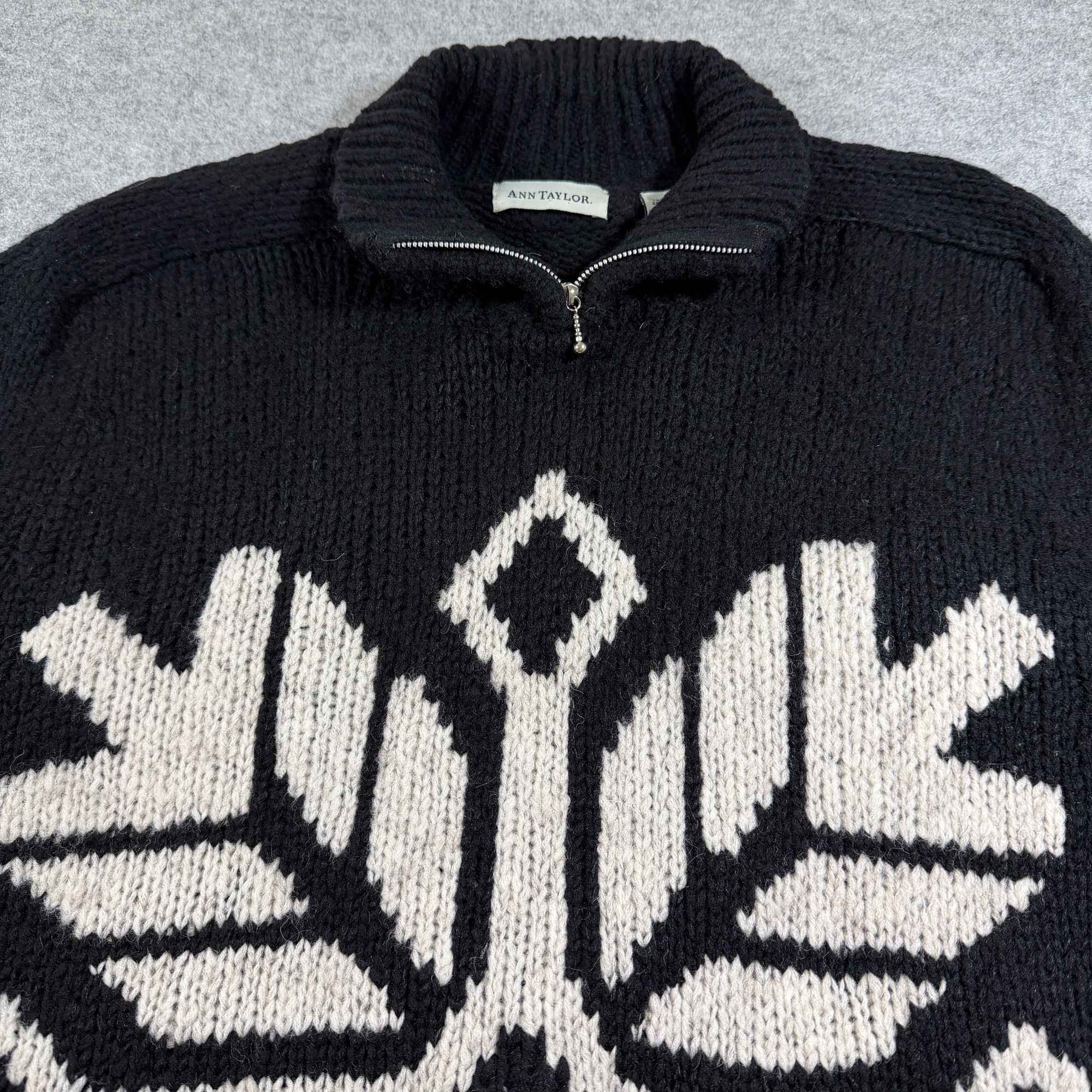 VTG Ann Taylor Long Sweater Womens M Black Snowflake Quarter Zip Mock Neck Wool thumbnail 4