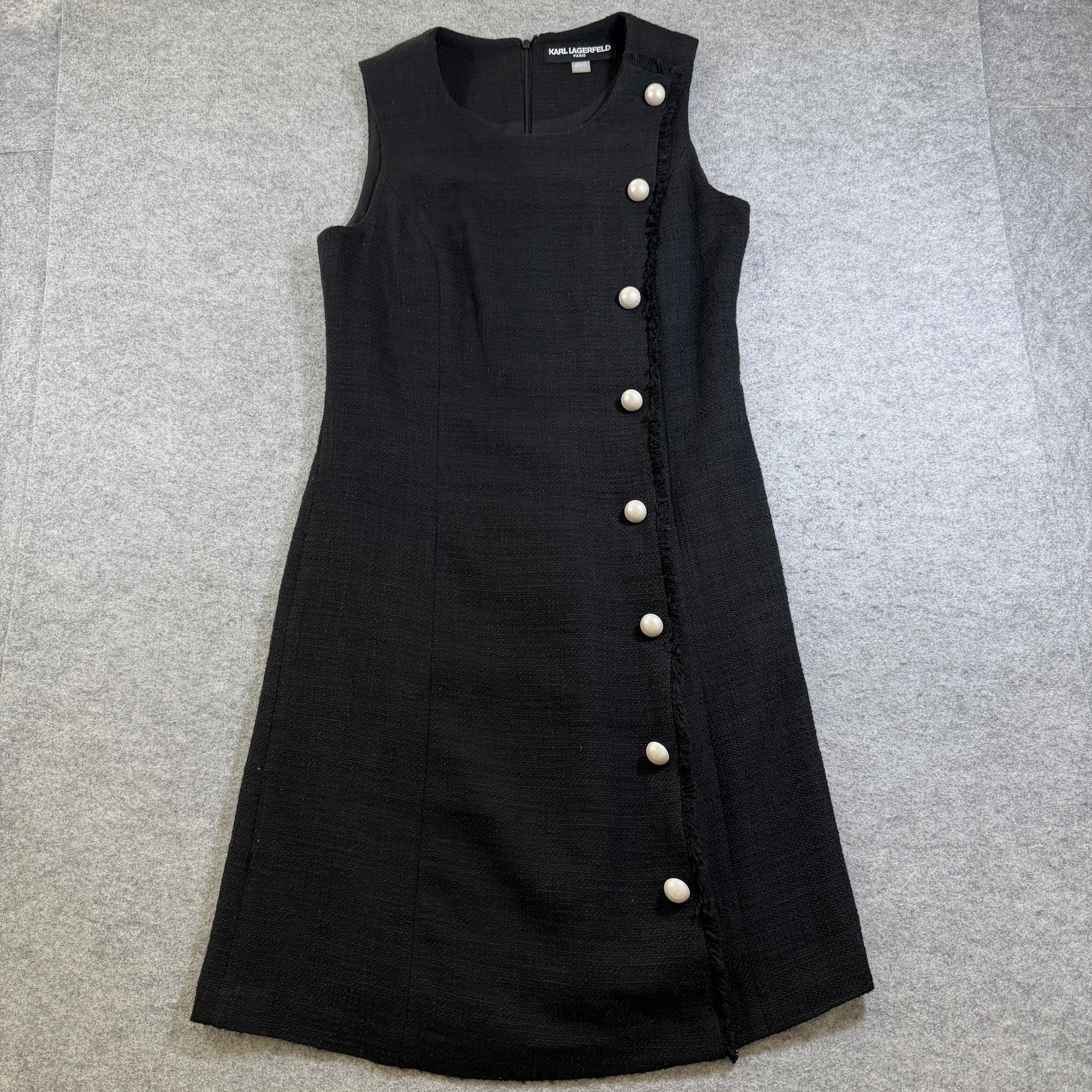 Karl Lagerfeld Paris Dress Womens 4 Black Tweed Sleeveless Sheath Fringe Trim
